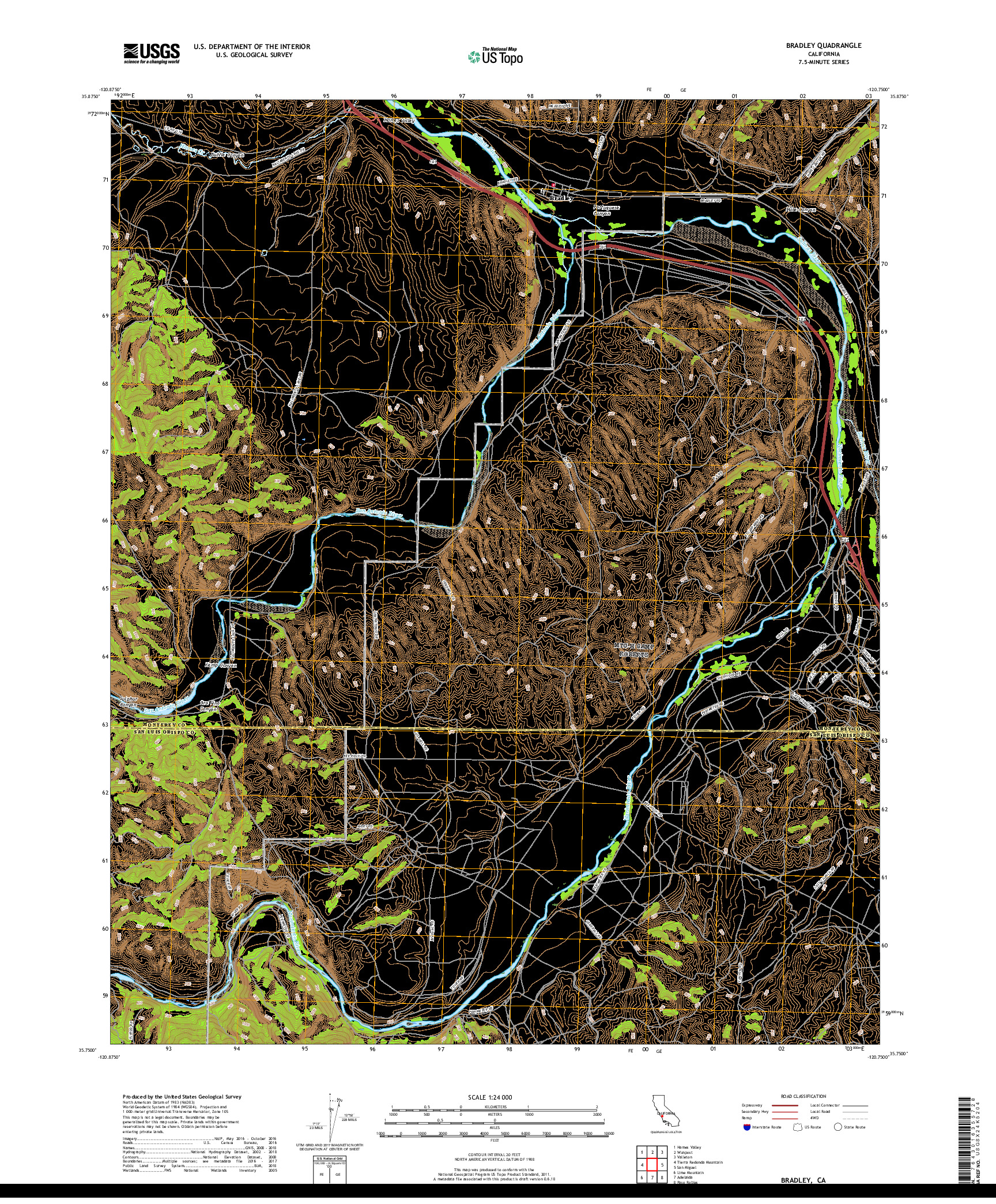 USGS US TOPO 7.5-MINUTE MAP FOR BRADLEY, CA 2018