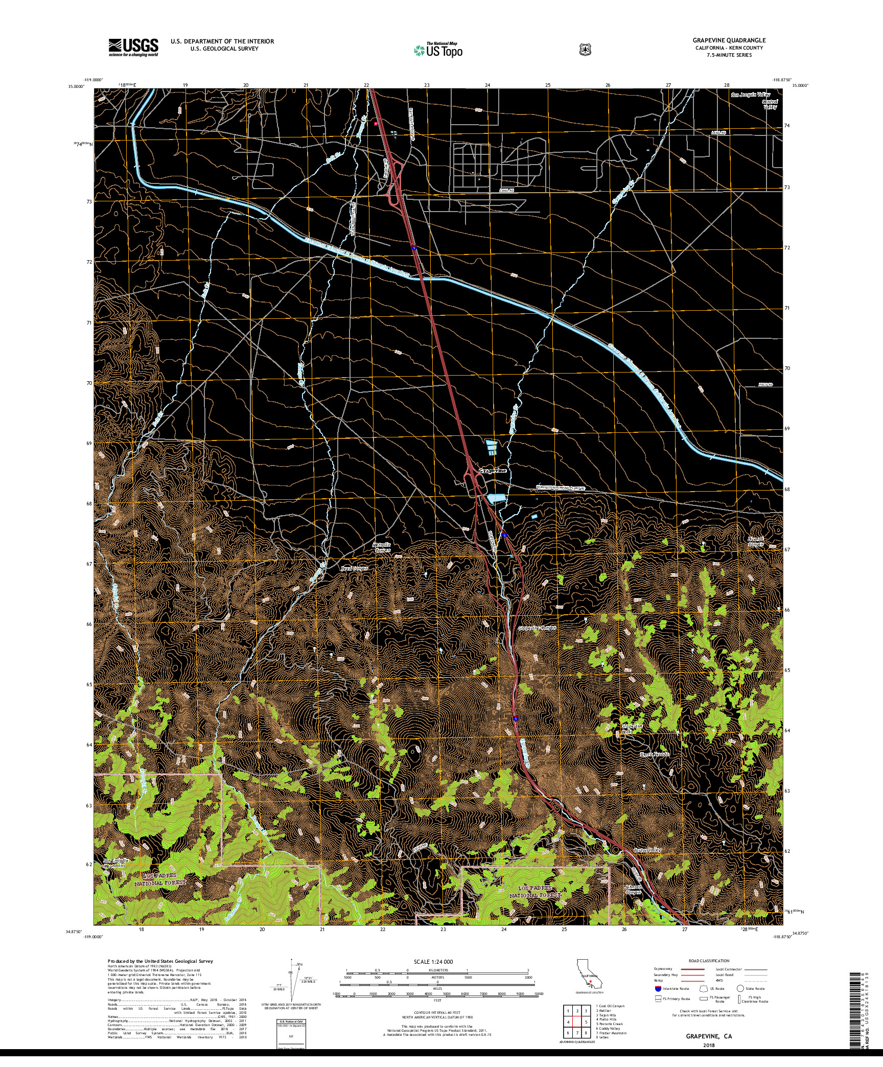 USGS US TOPO 7.5-MINUTE MAP FOR GRAPEVINE, CA 2018