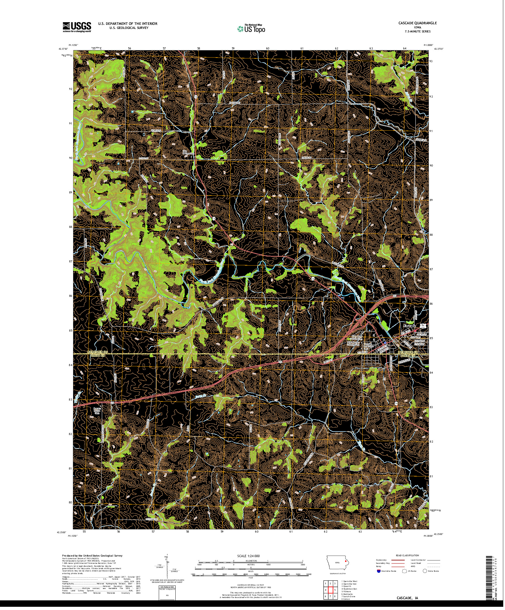 USGS US TOPO 7.5-MINUTE MAP FOR CASCADE, IA 2018