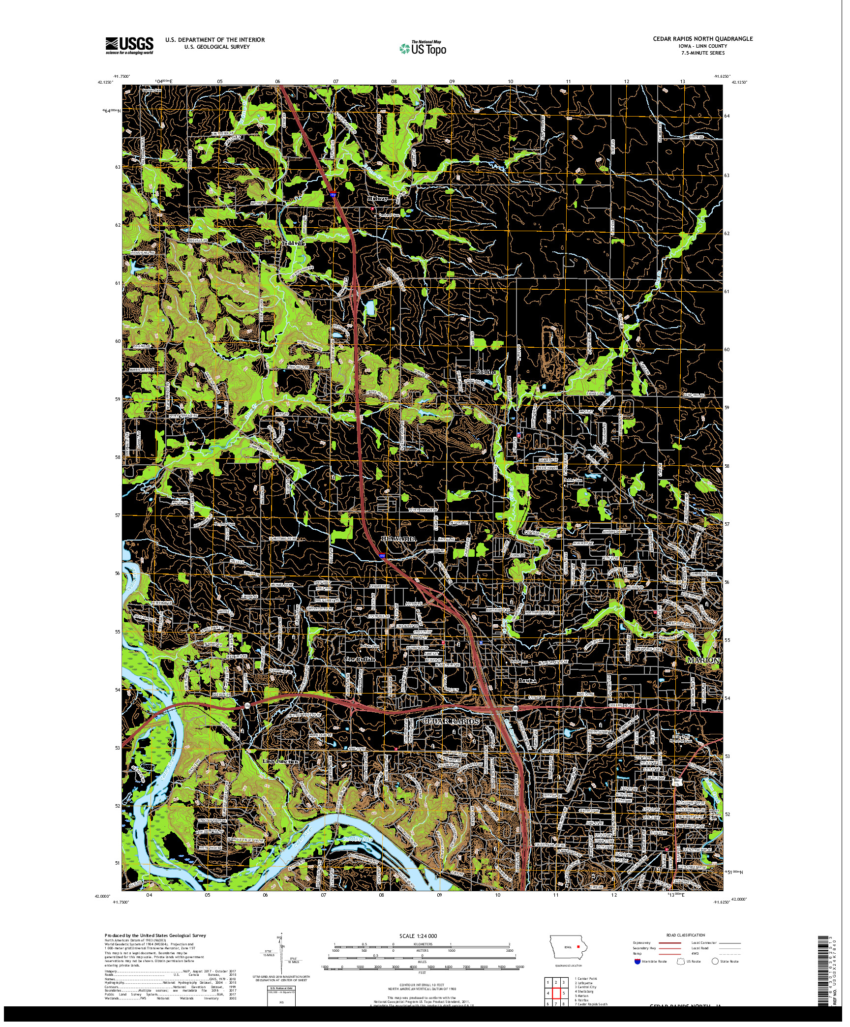 USGS US TOPO 7.5-MINUTE MAP FOR CEDAR RAPIDS NORTH, IA 2018