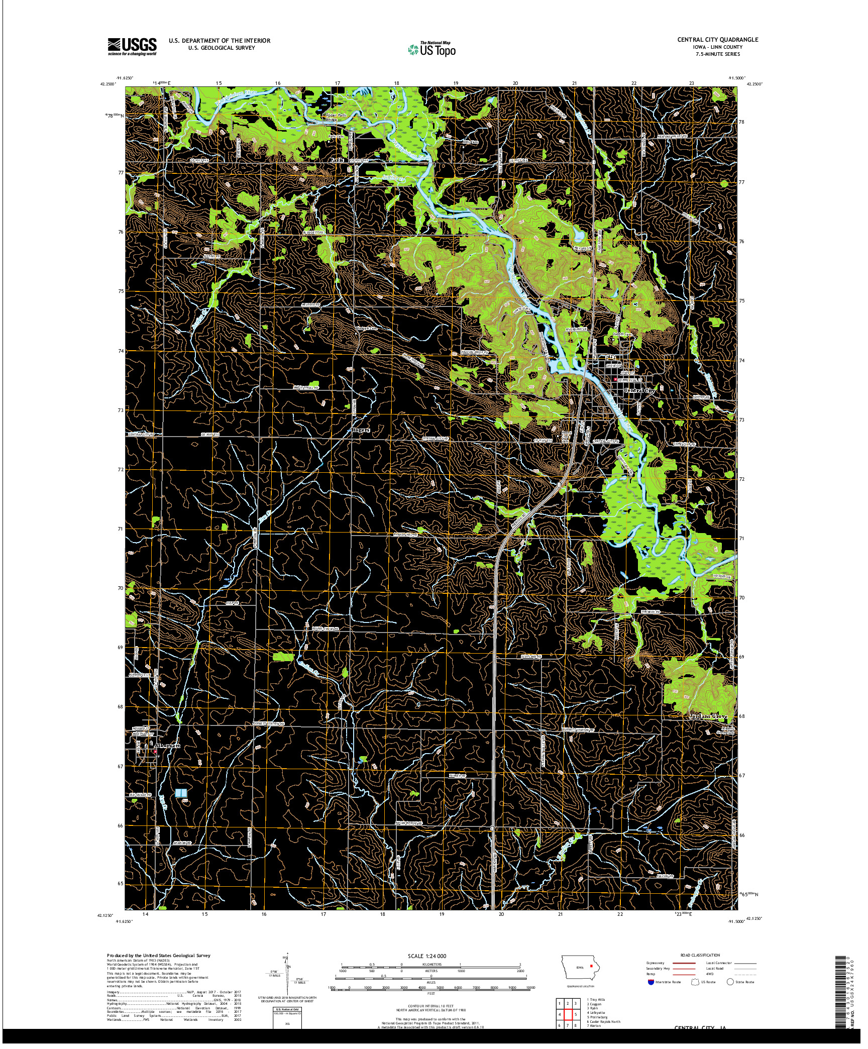 USGS US TOPO 7.5-MINUTE MAP FOR CENTRAL CITY, IA 2018