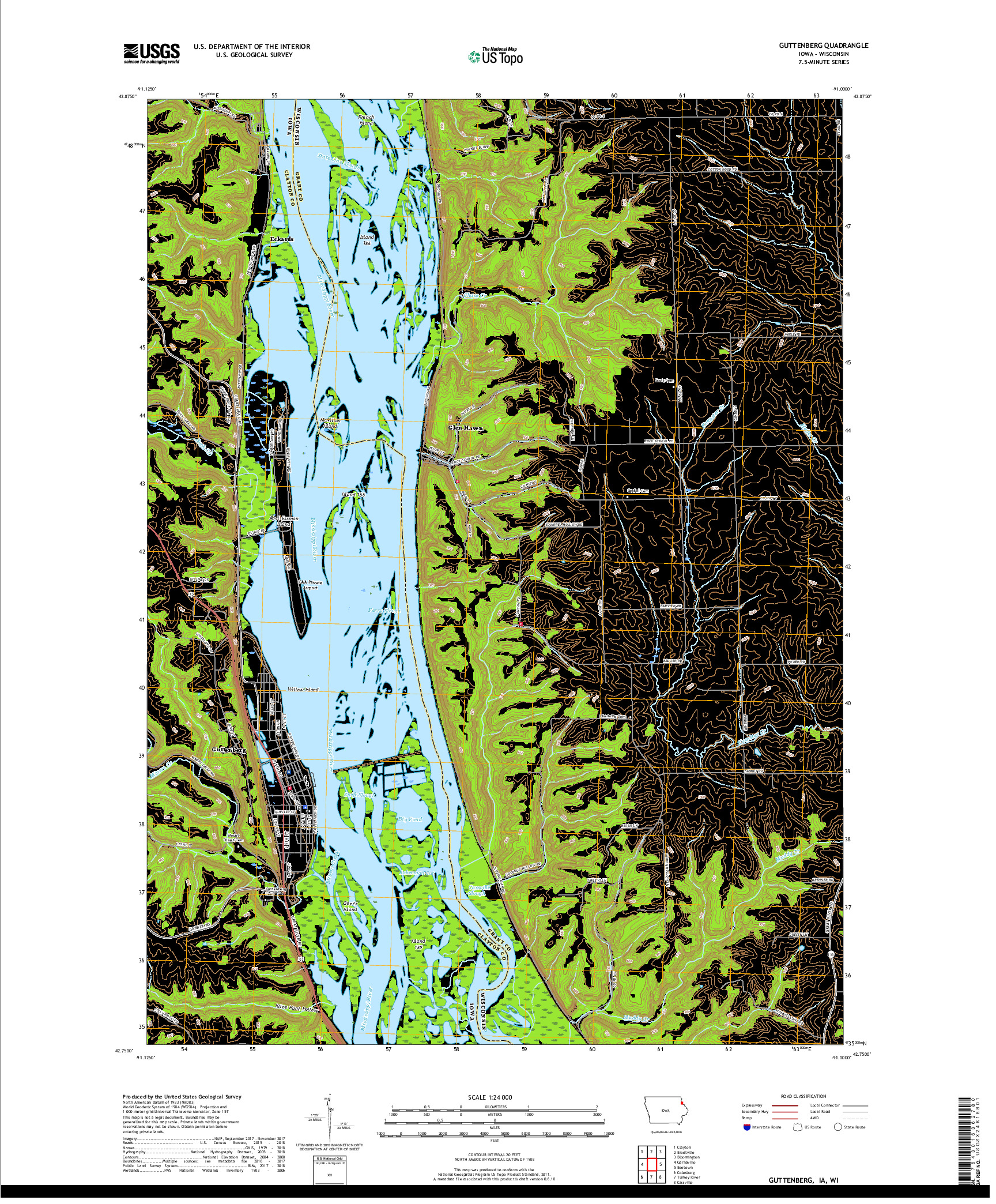 USGS US TOPO 7.5-MINUTE MAP FOR GUTTENBERG, IA,WI 2018