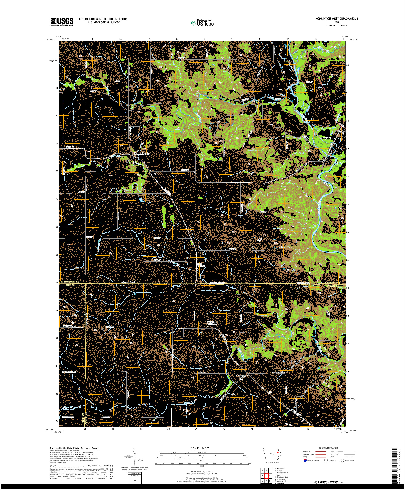 USGS US TOPO 7.5-MINUTE MAP FOR HOPKINTON WEST, IA 2018