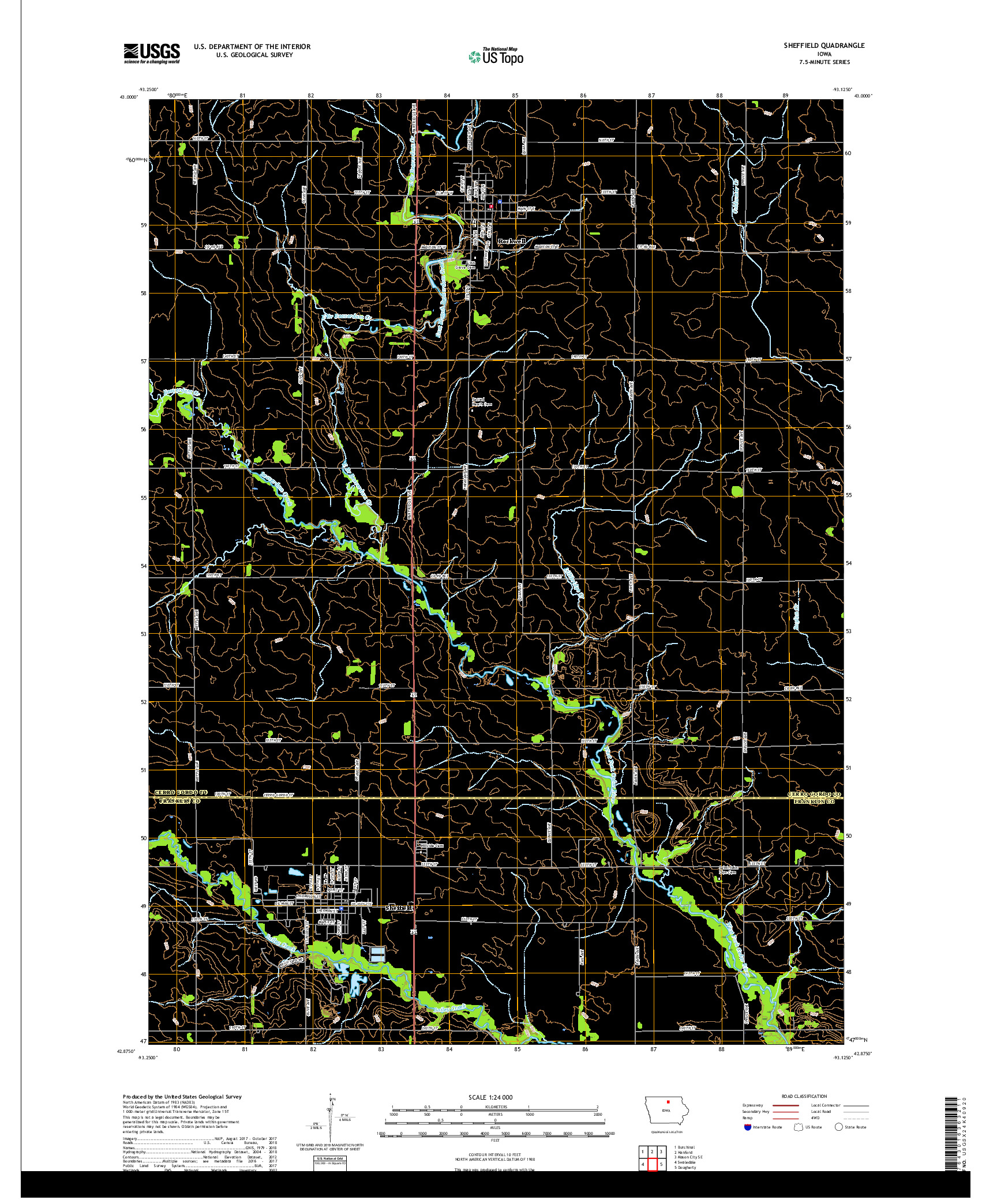 USGS US TOPO 7.5-MINUTE MAP FOR SHEFFIELD, IA 2018