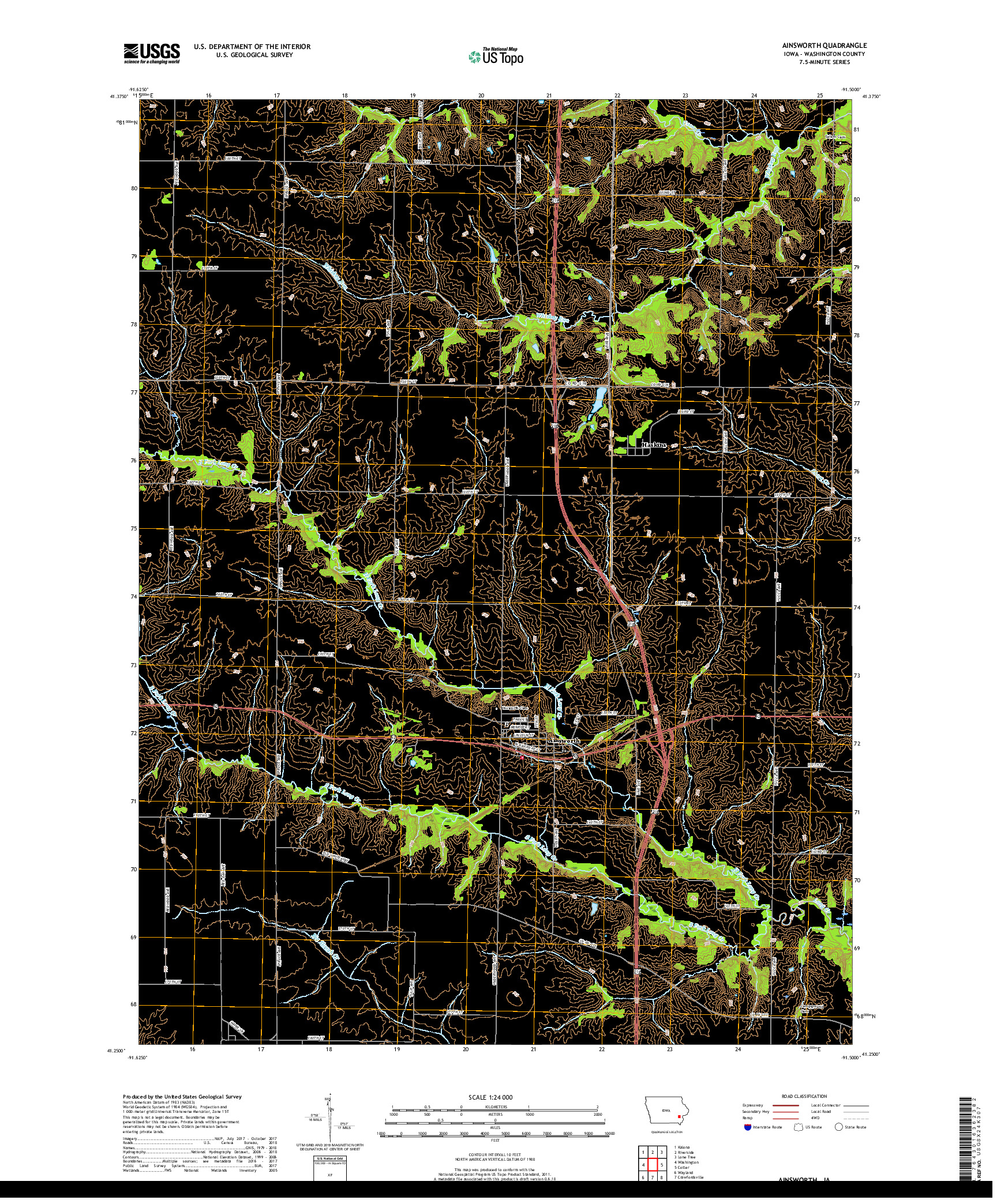 USGS US TOPO 7.5-MINUTE MAP FOR AINSWORTH, IA 2018