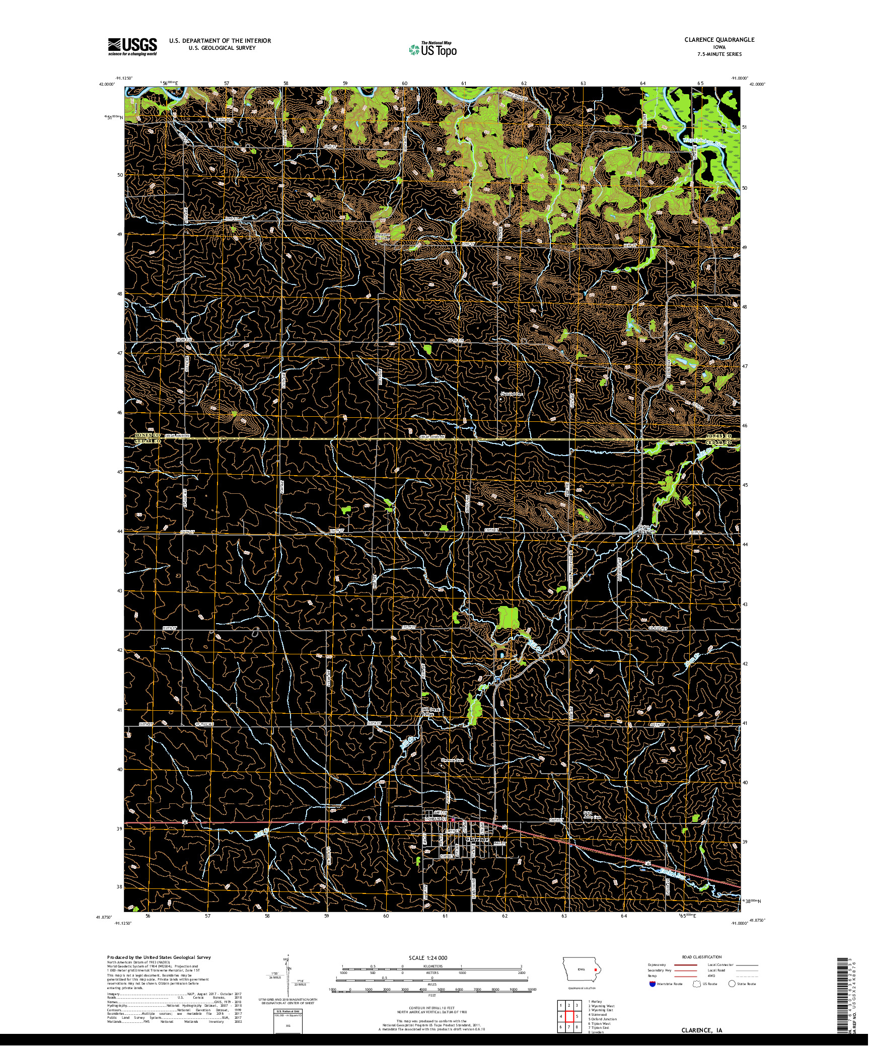 USGS US TOPO 7.5-MINUTE MAP FOR CLARENCE, IA 2018