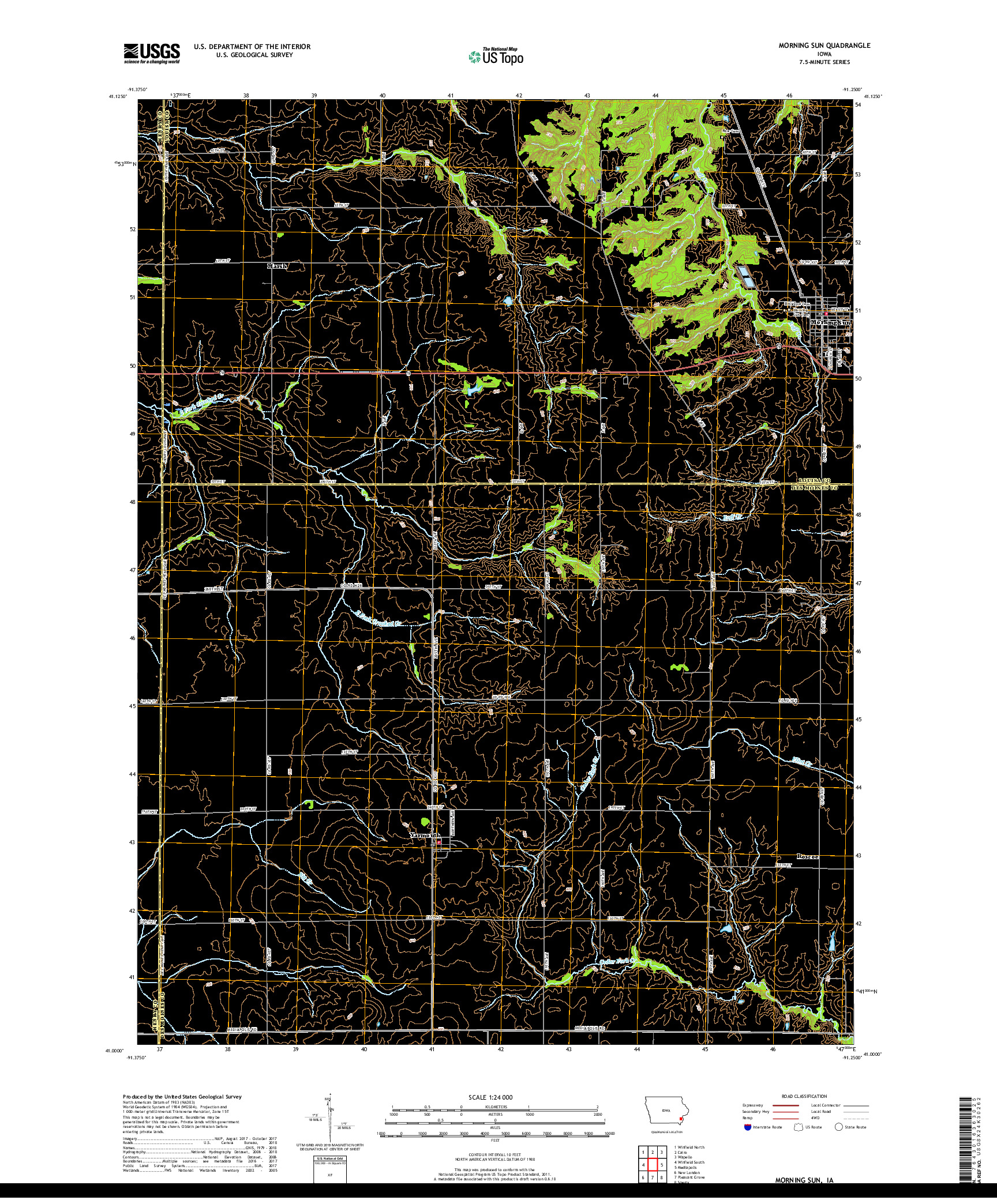 USGS US TOPO 7.5-MINUTE MAP FOR MORNING SUN, IA 2018