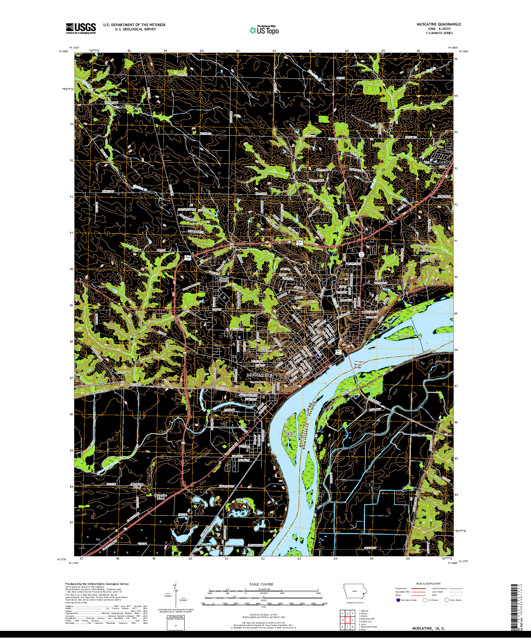 USGS US TOPO 7.5-MINUTE MAP FOR MUSCATINE, IA,IL 2018