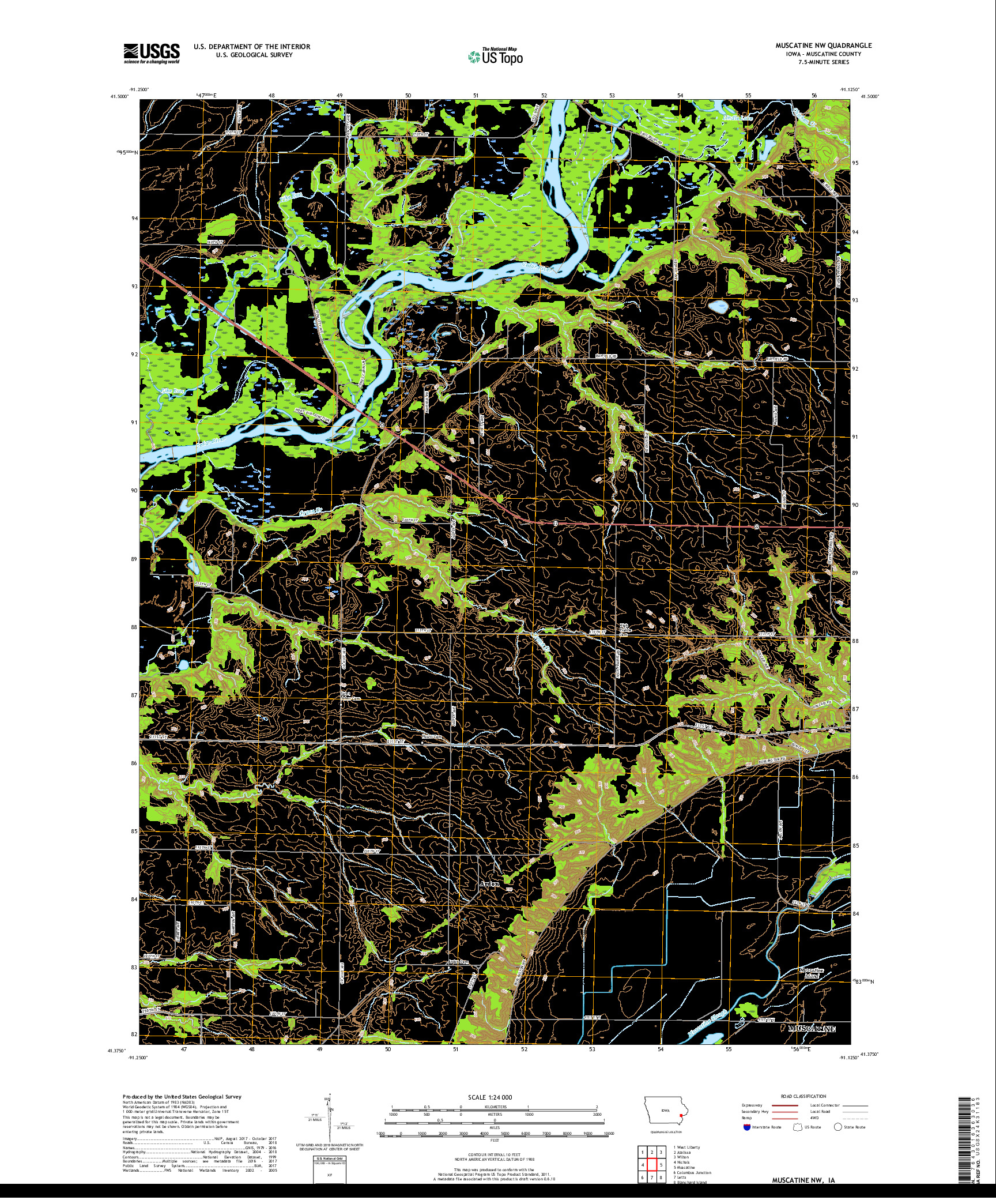 USGS US TOPO 7.5-MINUTE MAP FOR MUSCATINE NW, IA 2018