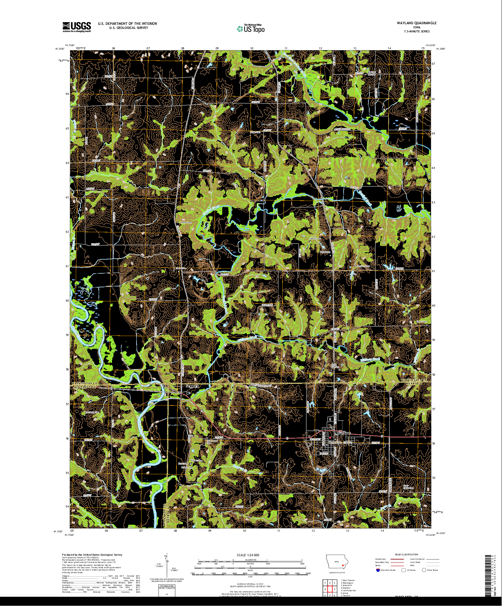 USGS US TOPO 7.5-MINUTE MAP FOR WAYLAND, IA 2018