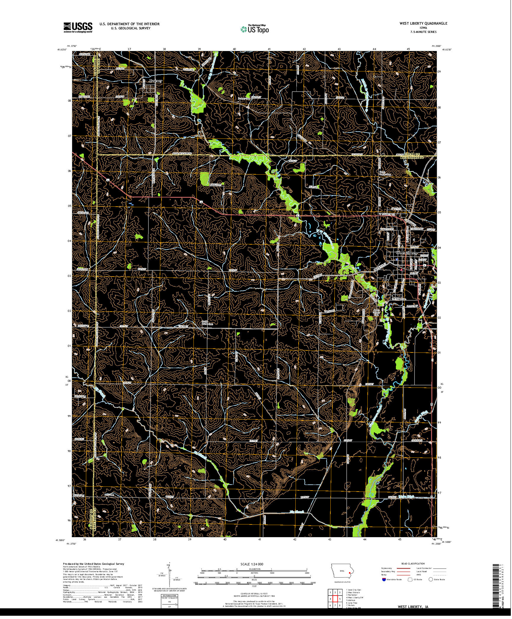 USGS US TOPO 7.5-MINUTE MAP FOR WEST LIBERTY, IA 2018