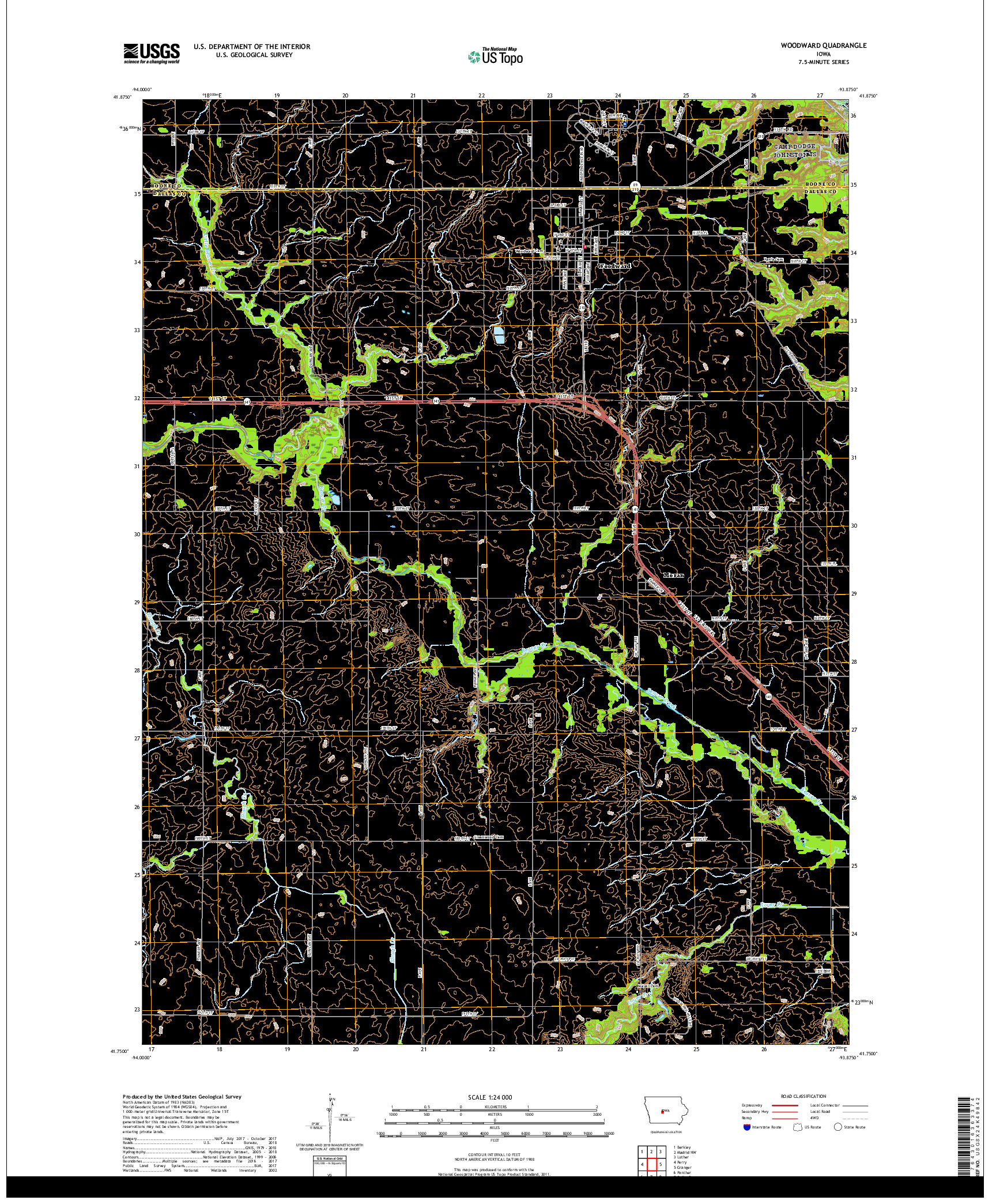 USGS US TOPO 7.5-MINUTE MAP FOR WOODWARD, IA 2018