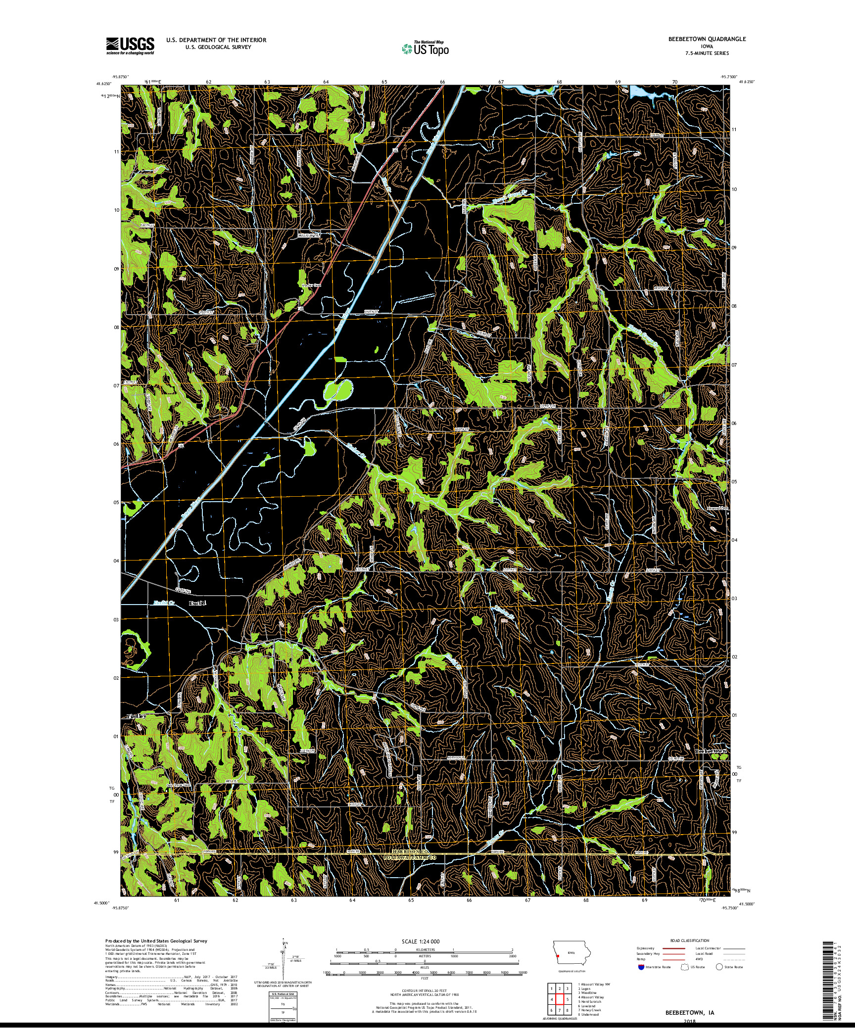 USGS US TOPO 7.5-MINUTE MAP FOR BEEBEETOWN, IA 2018