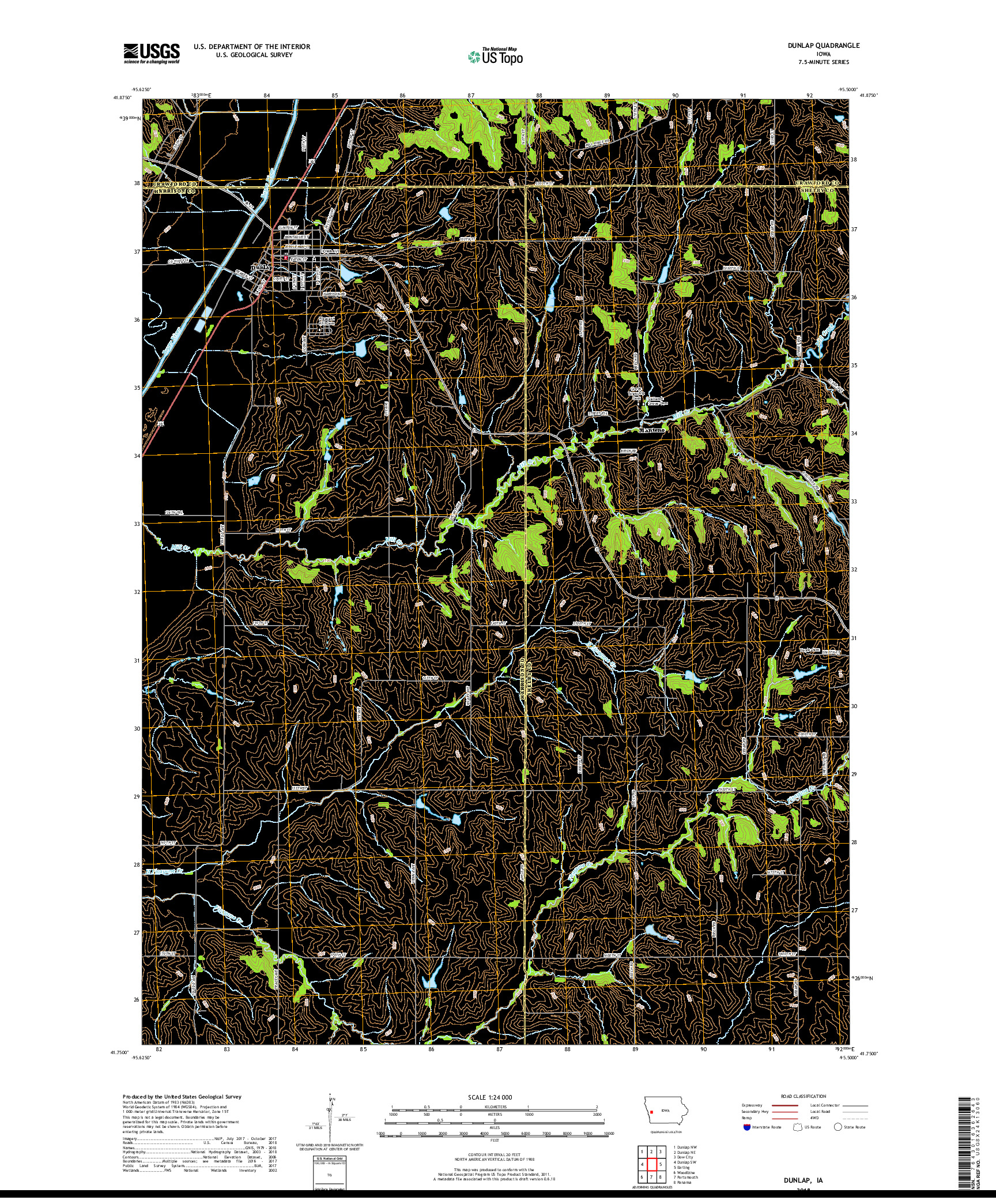 USGS US TOPO 7.5-MINUTE MAP FOR DUNLAP, IA 2018