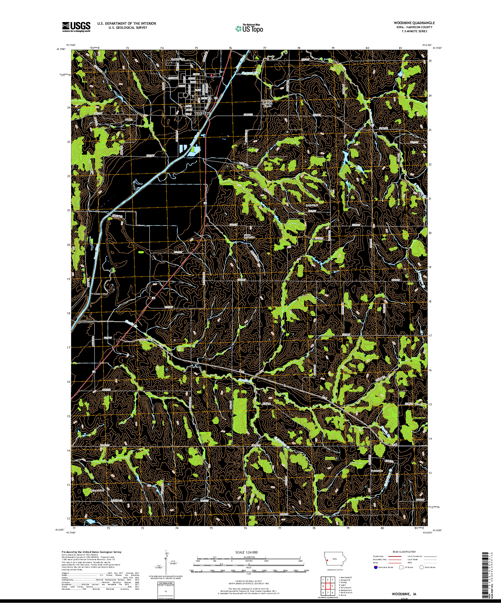 USGS US TOPO 7.5-MINUTE MAP FOR WOODBINE, IA 2018