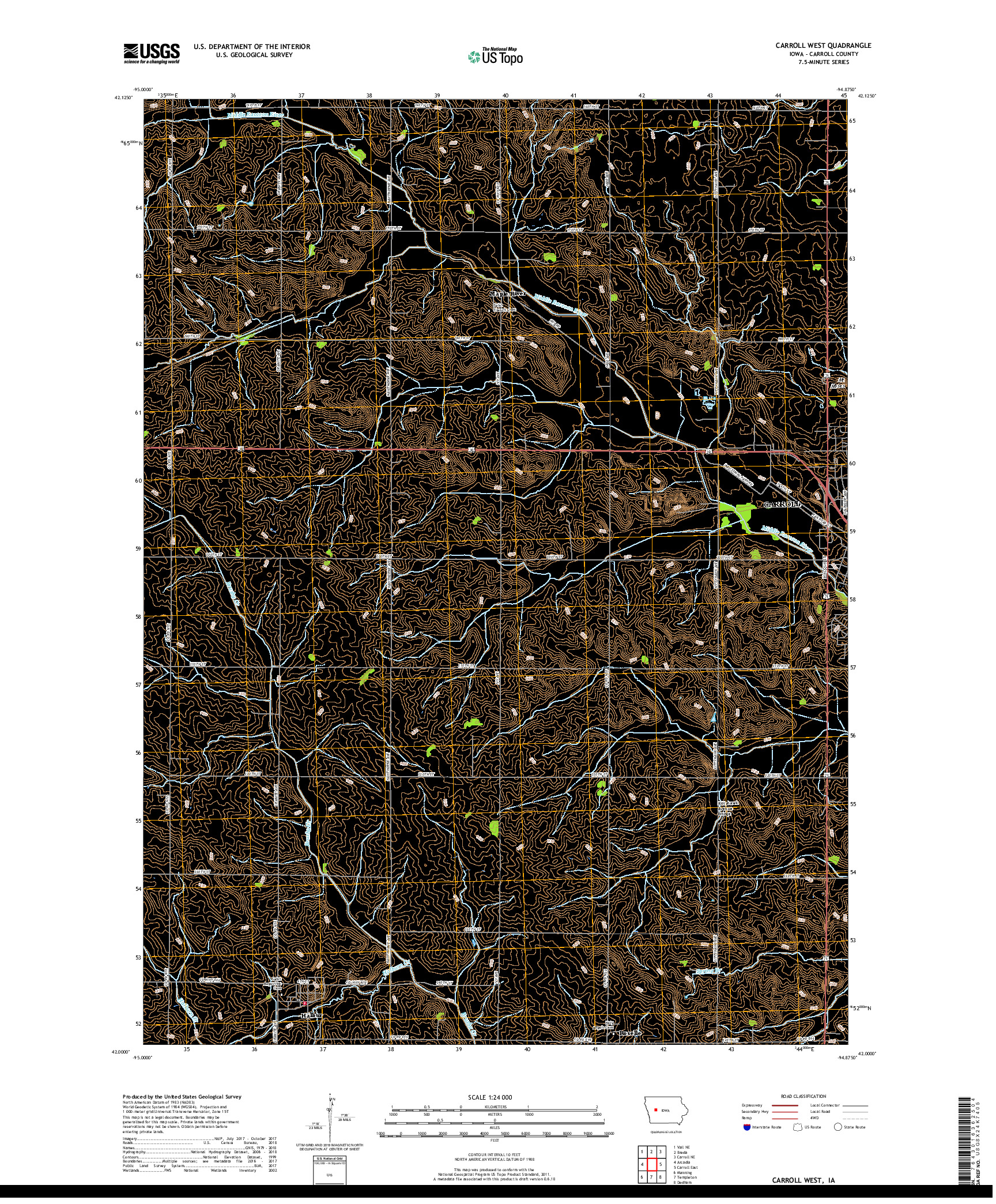 USGS US TOPO 7.5-MINUTE MAP FOR CARROLL WEST, IA 2018
