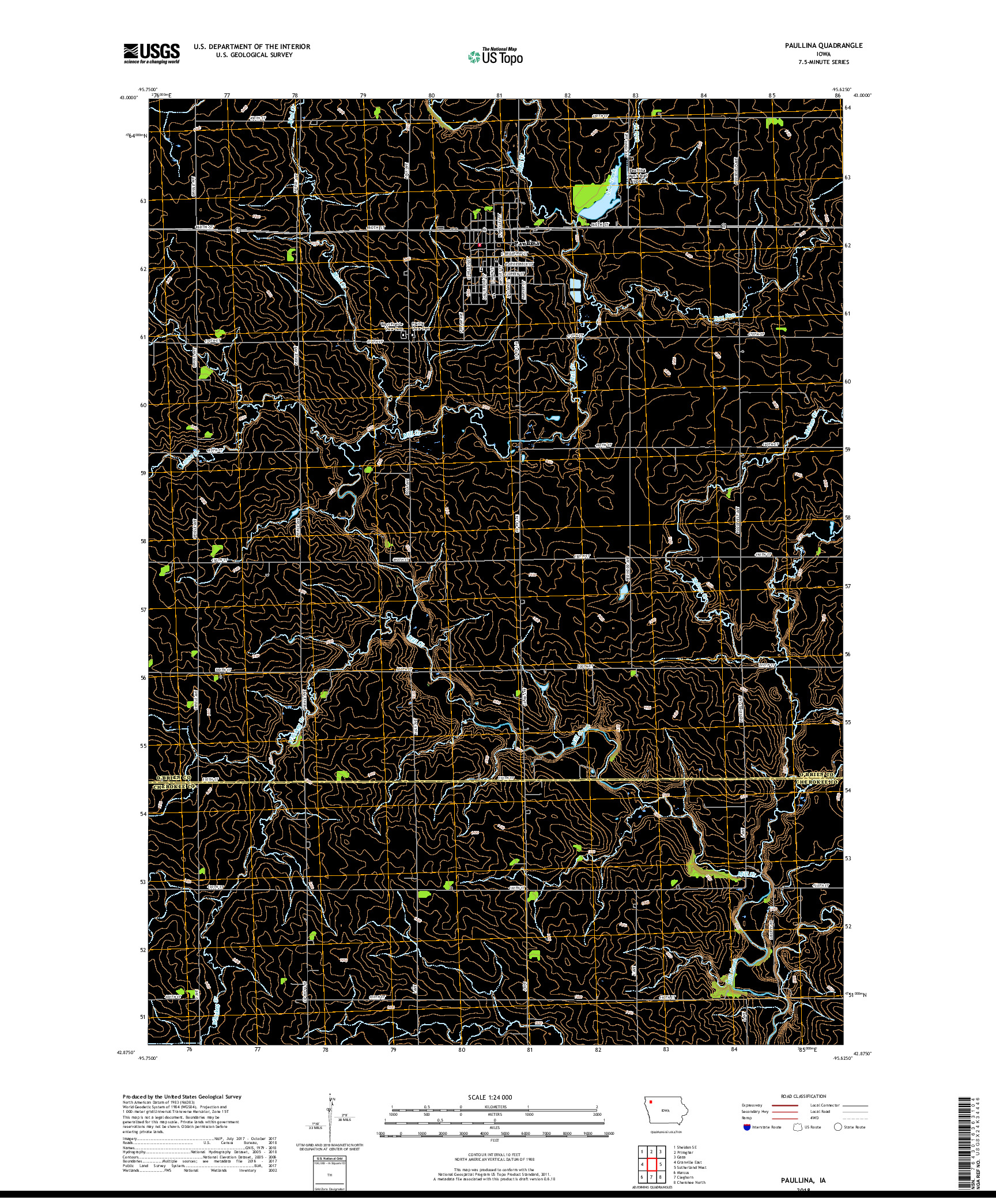 USGS US TOPO 7.5-MINUTE MAP FOR PAULLINA, IA 2018