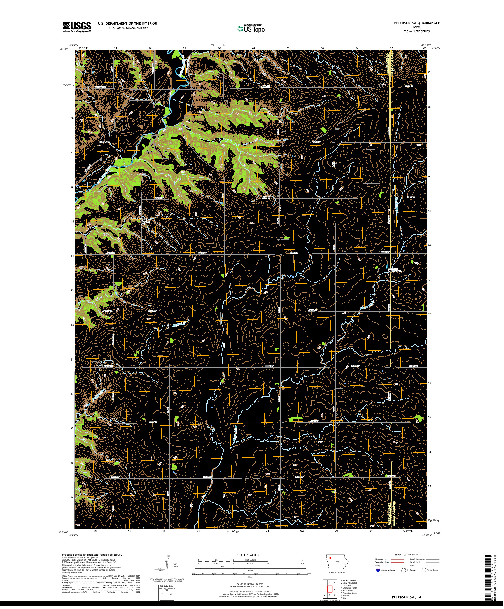 USGS US TOPO 7.5-MINUTE MAP FOR PETERSON SW, IA 2018