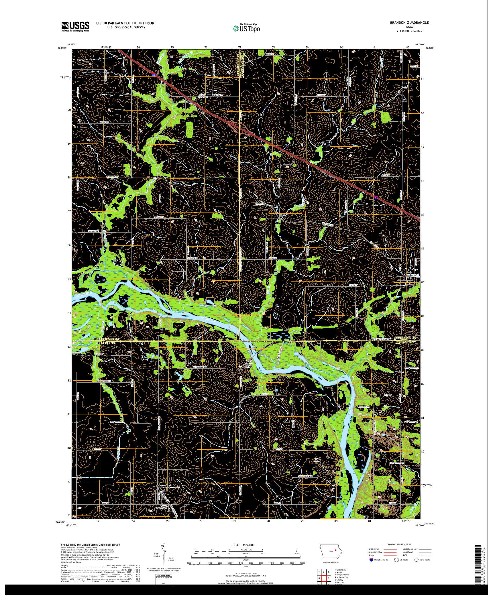 USGS US TOPO 7.5-MINUTE MAP FOR BRANDON, IA 2018
