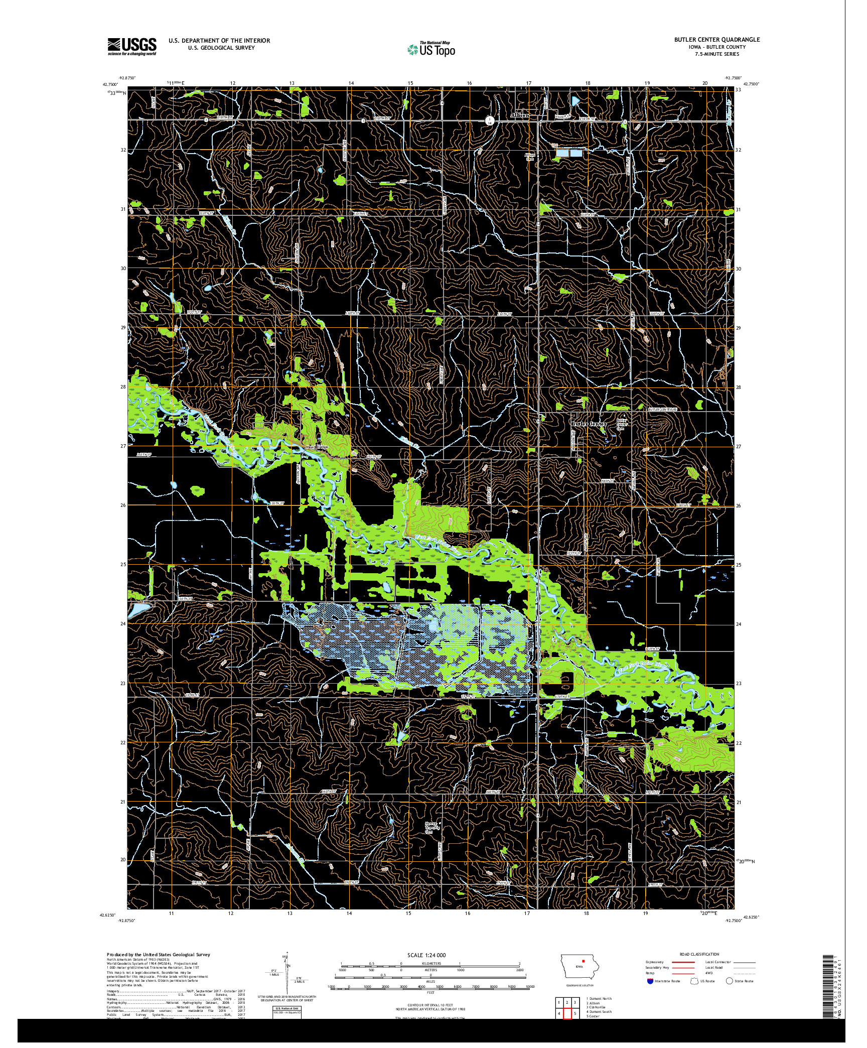 USGS US TOPO 7.5-MINUTE MAP FOR BUTLER CENTER, IA 2018