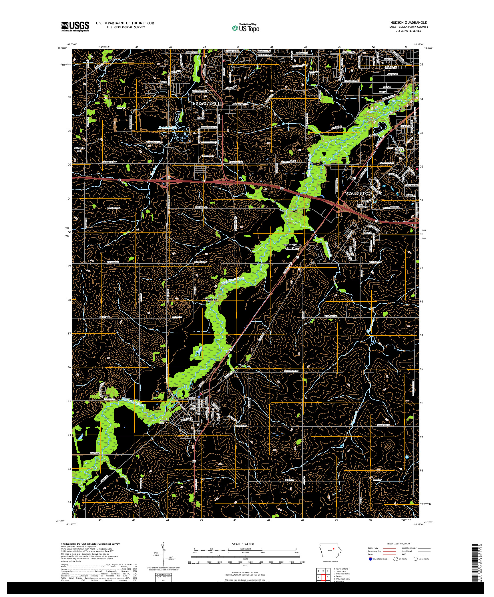 USGS US TOPO 7.5-MINUTE MAP FOR HUDSON, IA 2018