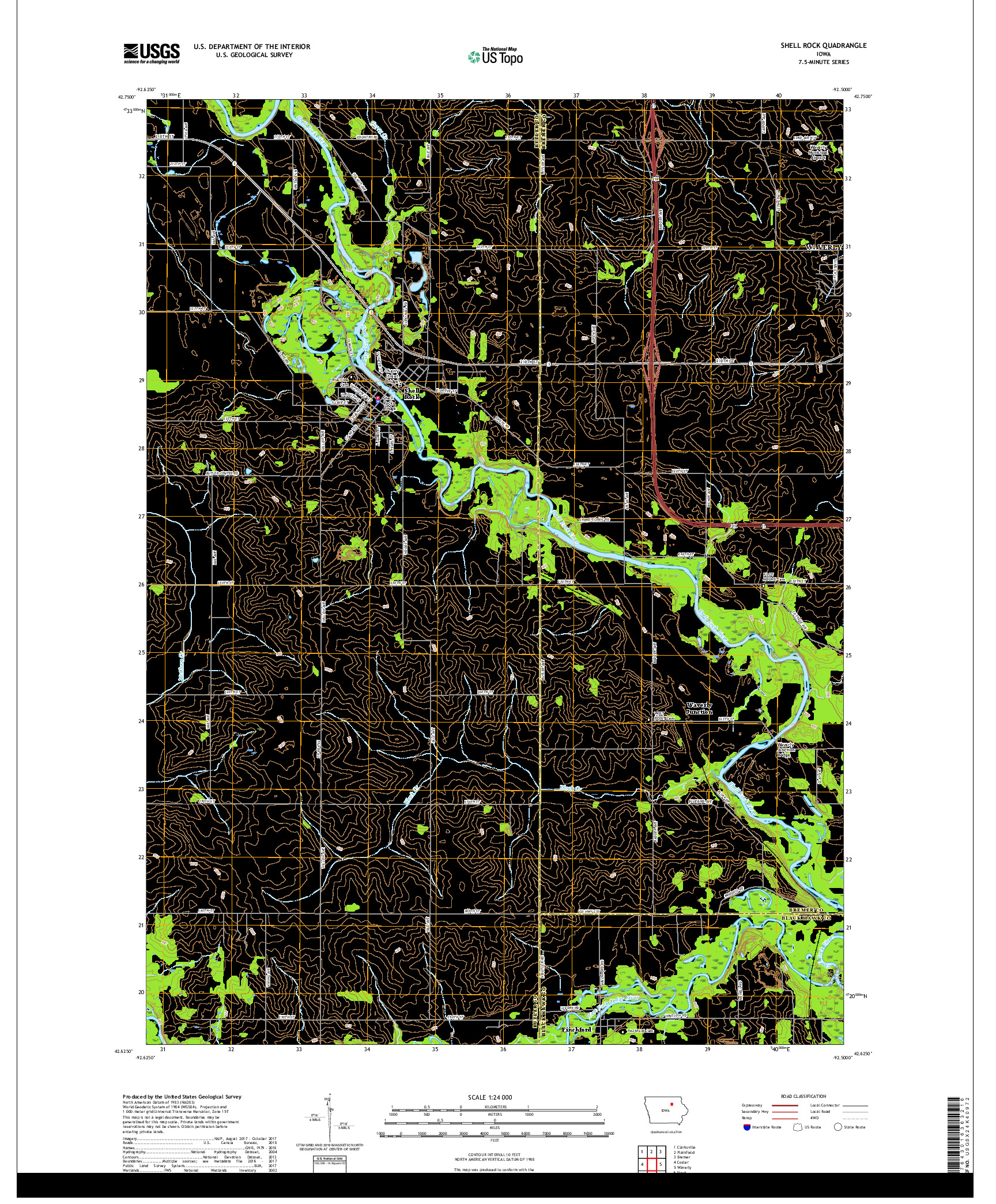 USGS US TOPO 7.5-MINUTE MAP FOR SHELL ROCK, IA 2018
