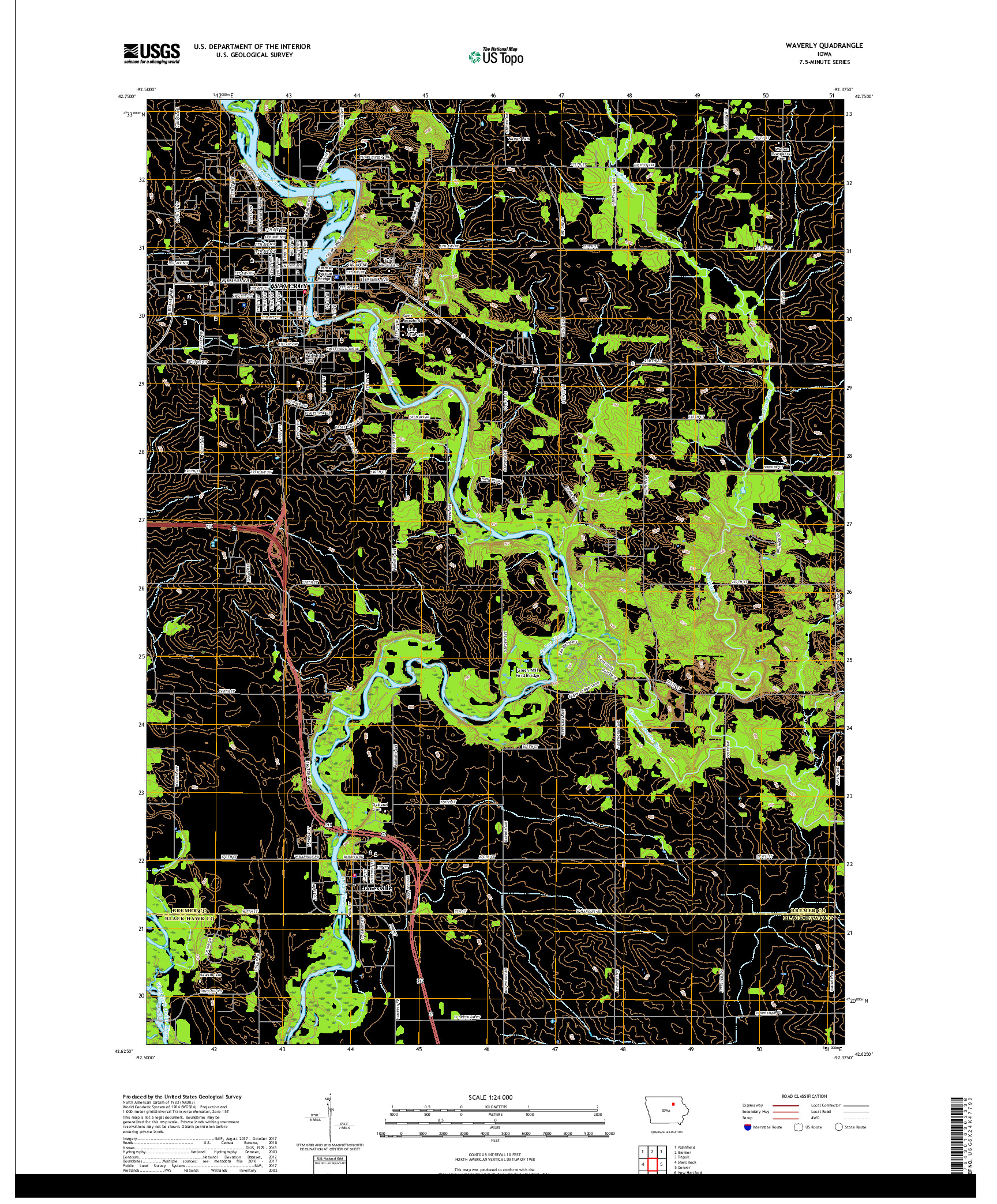 USGS US TOPO 7.5-MINUTE MAP FOR WAVERLY, IA 2018