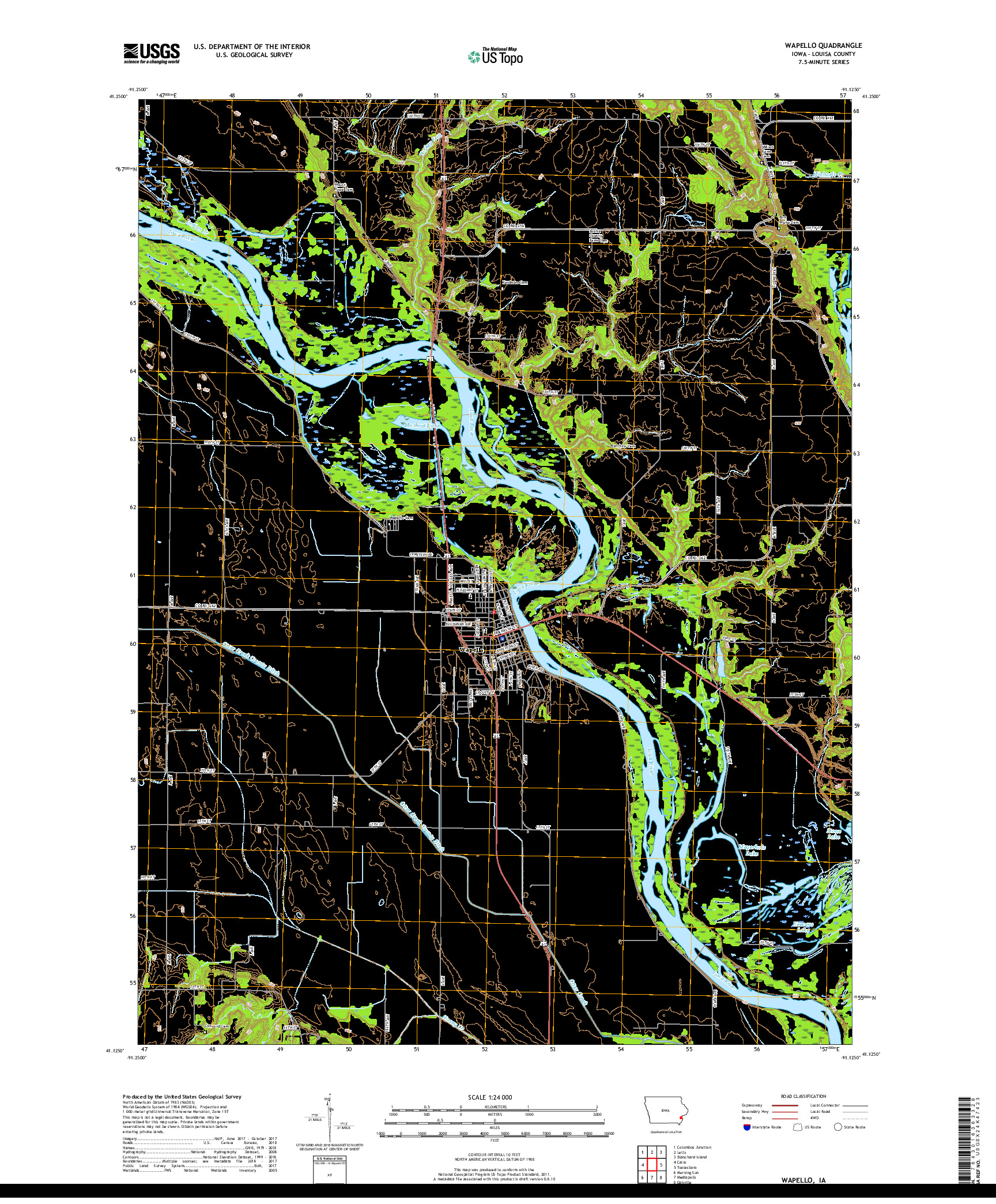 USGS US TOPO 7.5-MINUTE MAP FOR WAPELLO, IA 2018