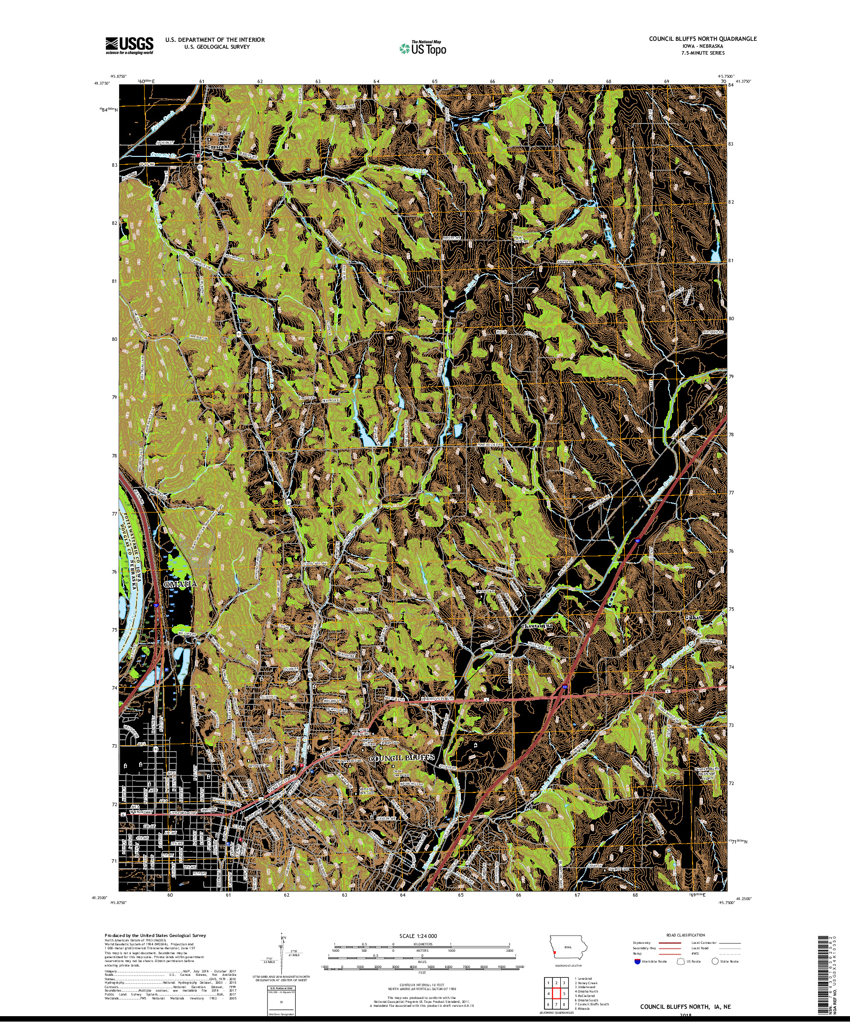 USGS US TOPO 7.5-MINUTE MAP FOR COUNCIL BLUFFS NORTH, IA,NE 2018
