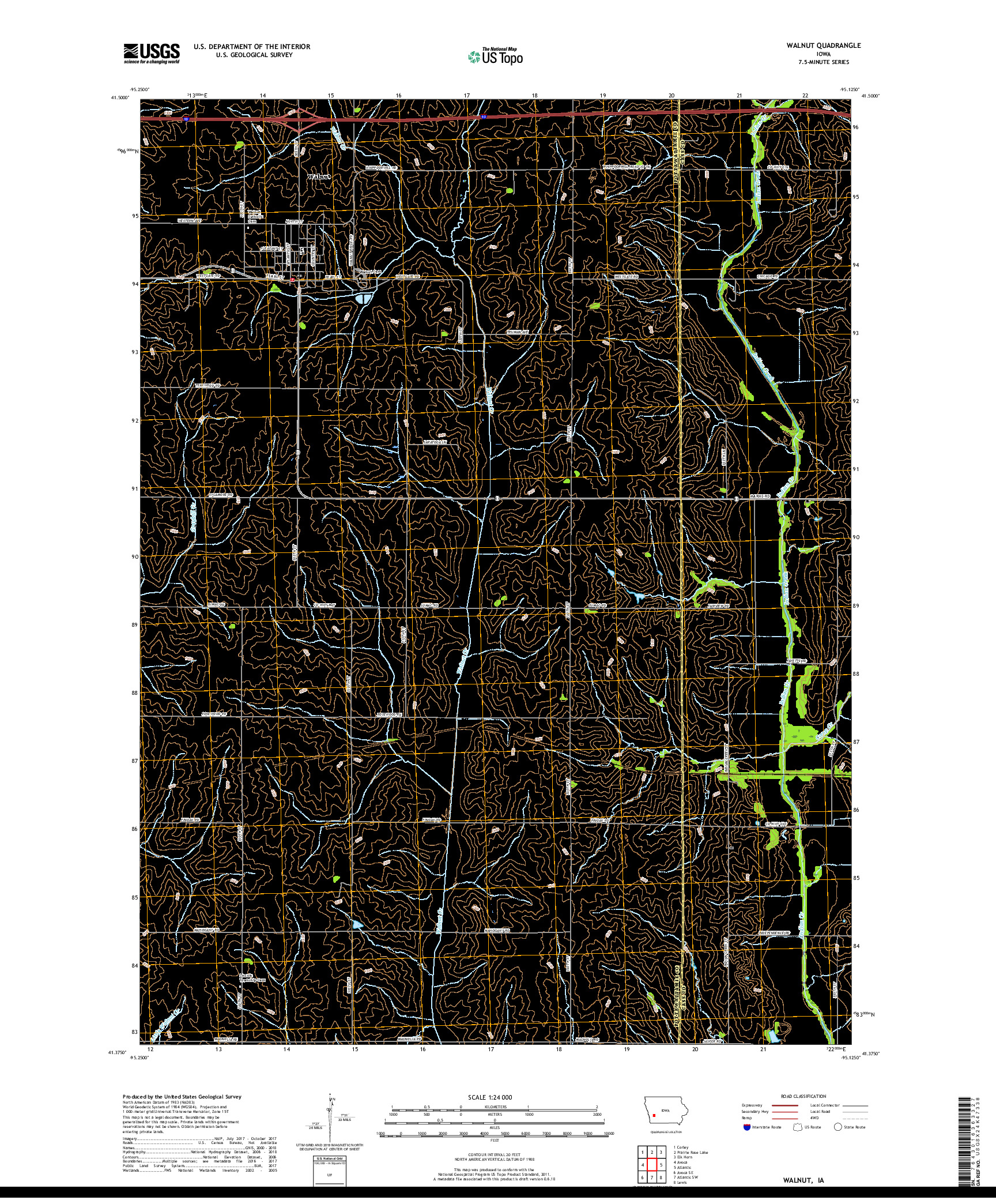 USGS US TOPO 7.5-MINUTE MAP FOR WALNUT, IA 2018