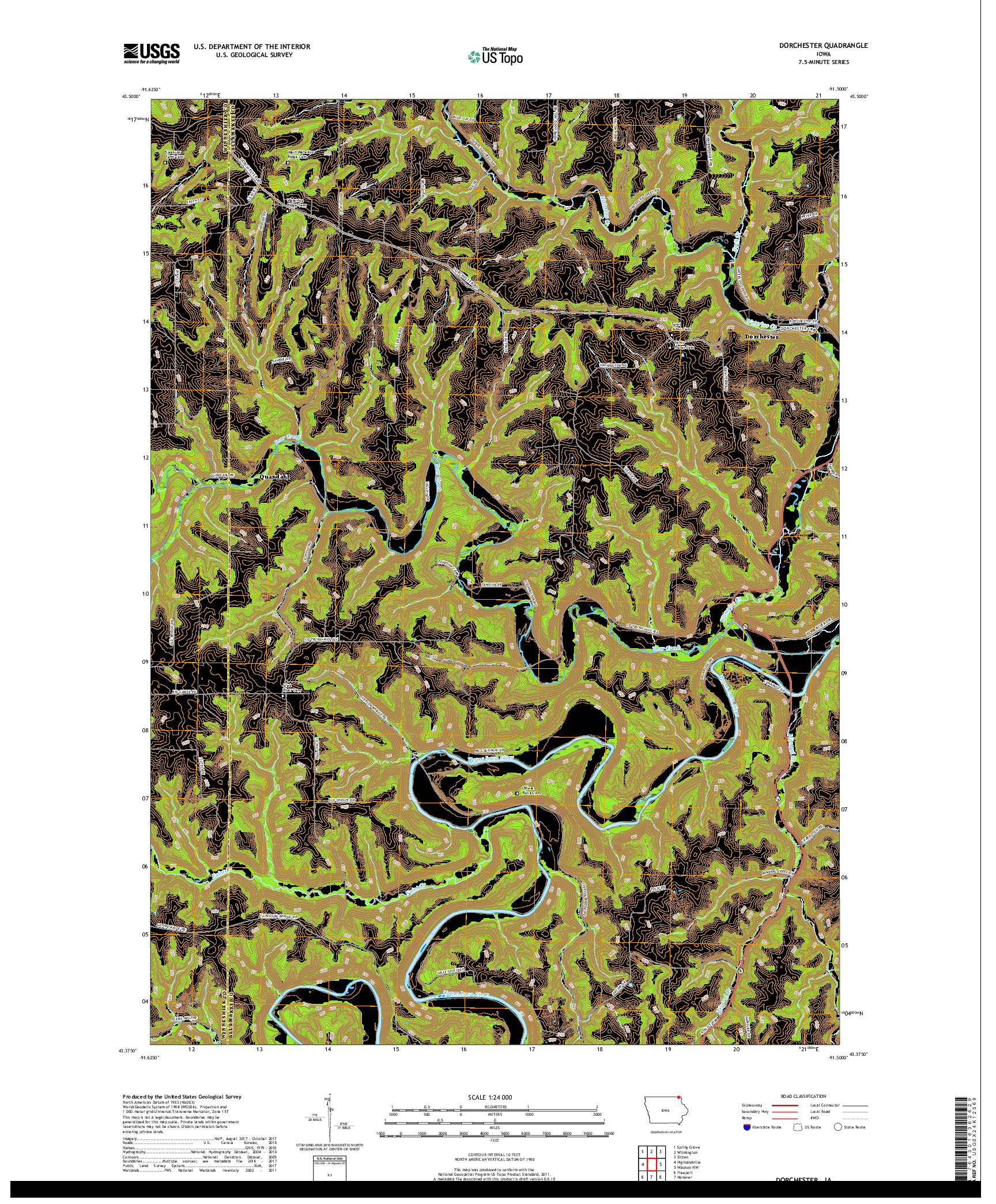 USGS US TOPO 7.5-MINUTE MAP FOR DORCHESTER, IA 2018