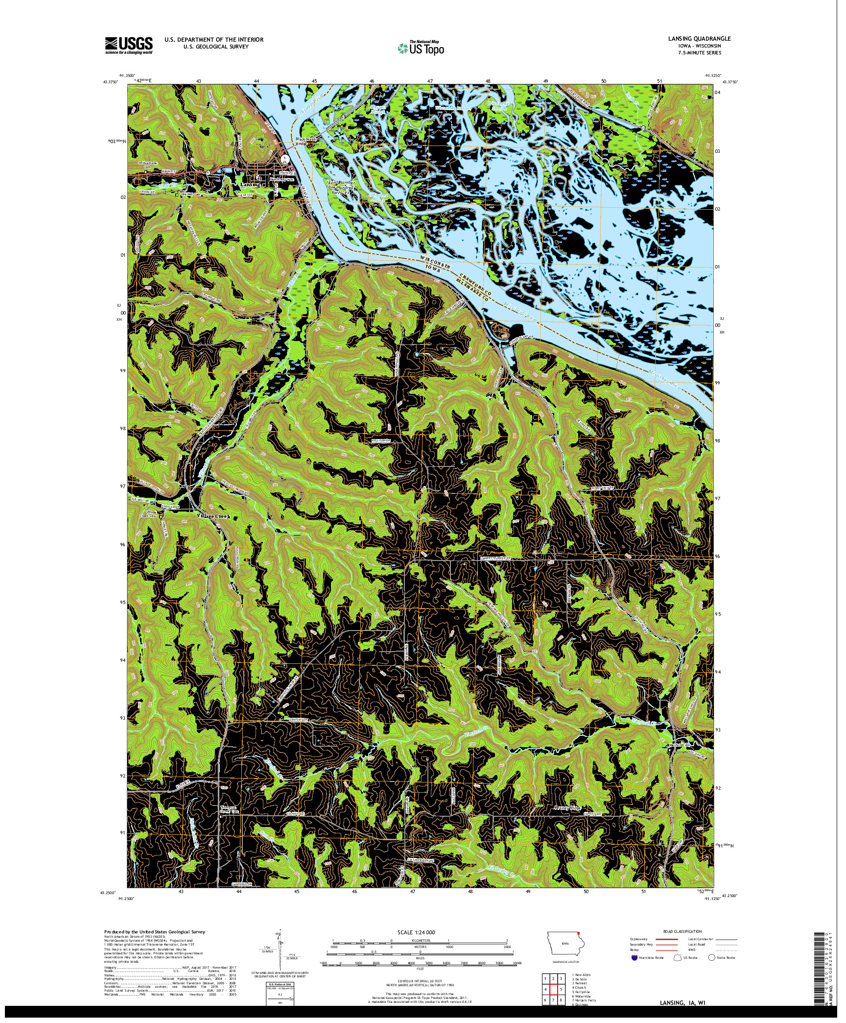 USGS US TOPO 7.5-MINUTE MAP FOR LANSING, IA,WI 2018