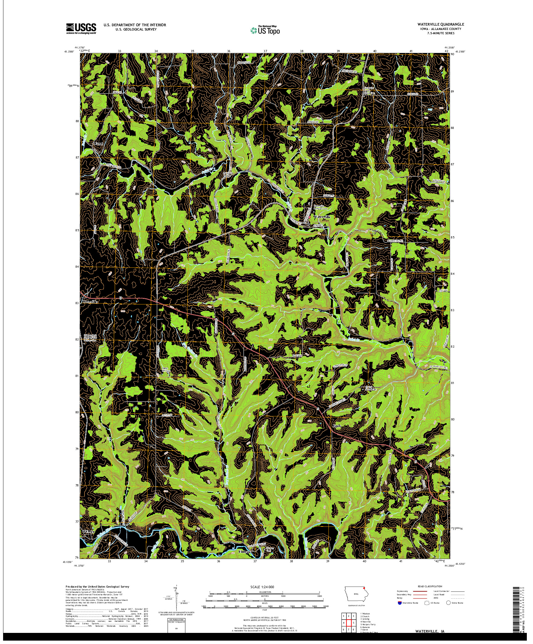 USGS US TOPO 7.5-MINUTE MAP FOR WATERVILLE, IA 2018