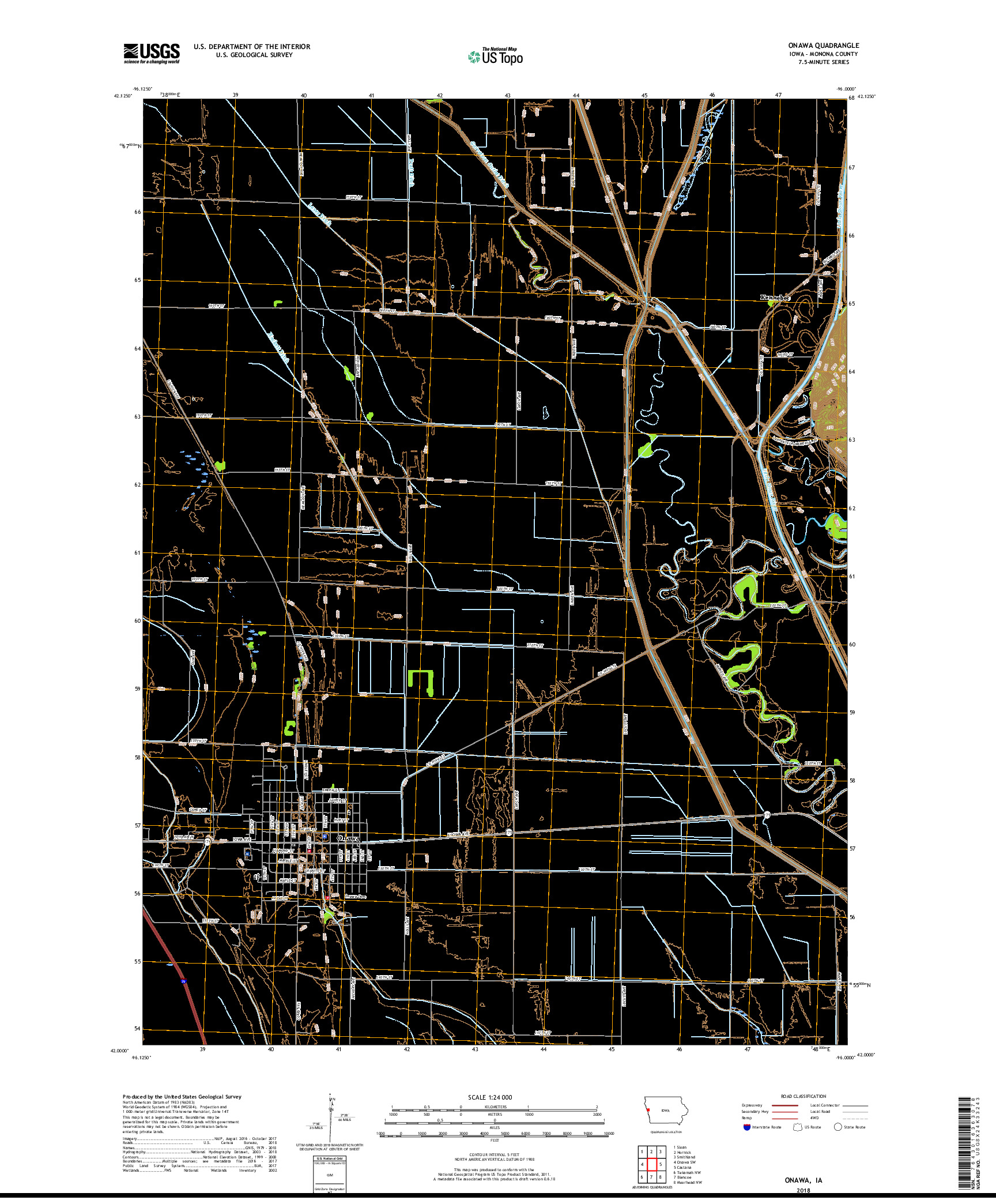 USGS US TOPO 7.5-MINUTE MAP FOR ONAWA, IA 2018