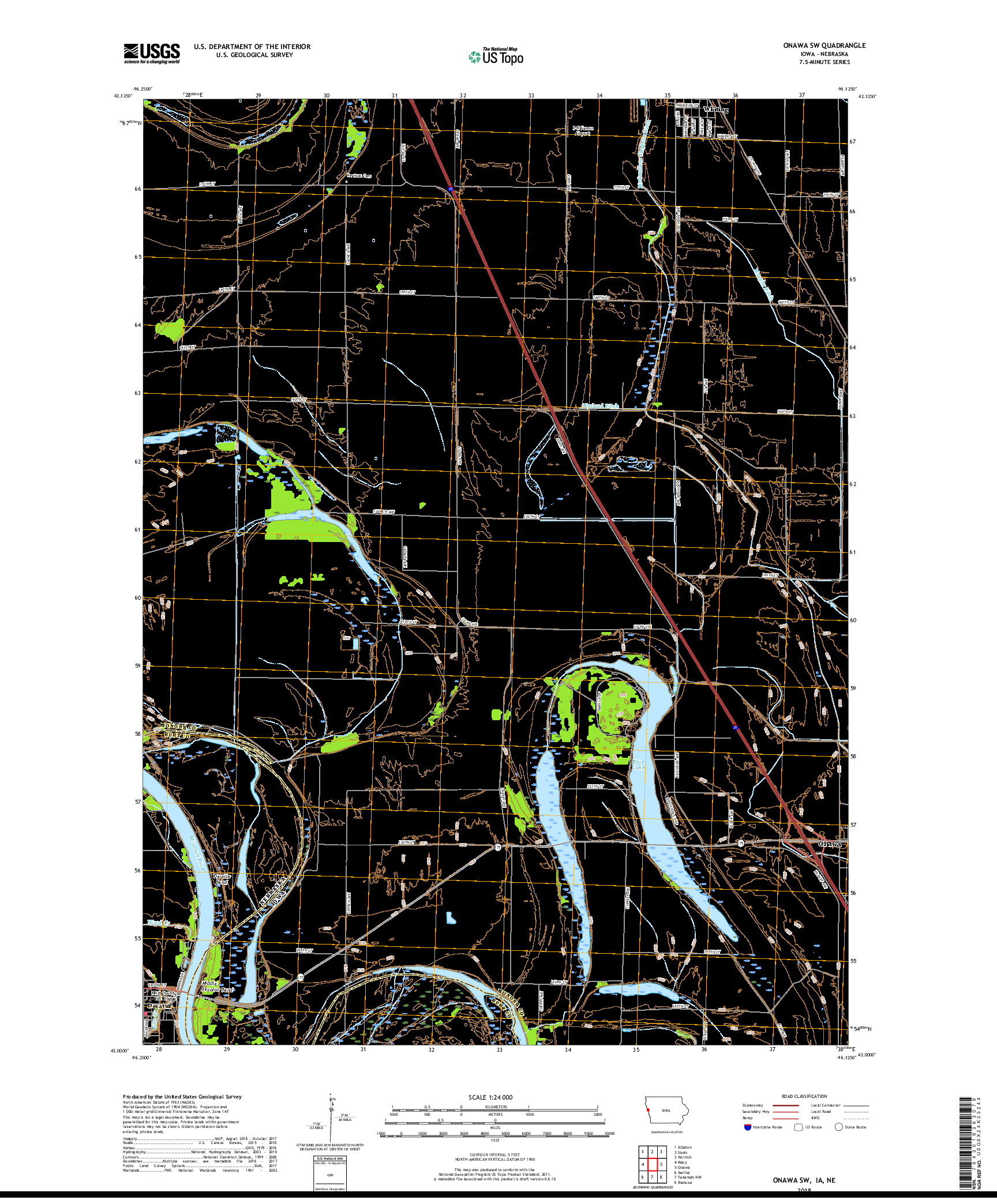 USGS US TOPO 7.5-MINUTE MAP FOR ONAWA SW, IA,NE 2018