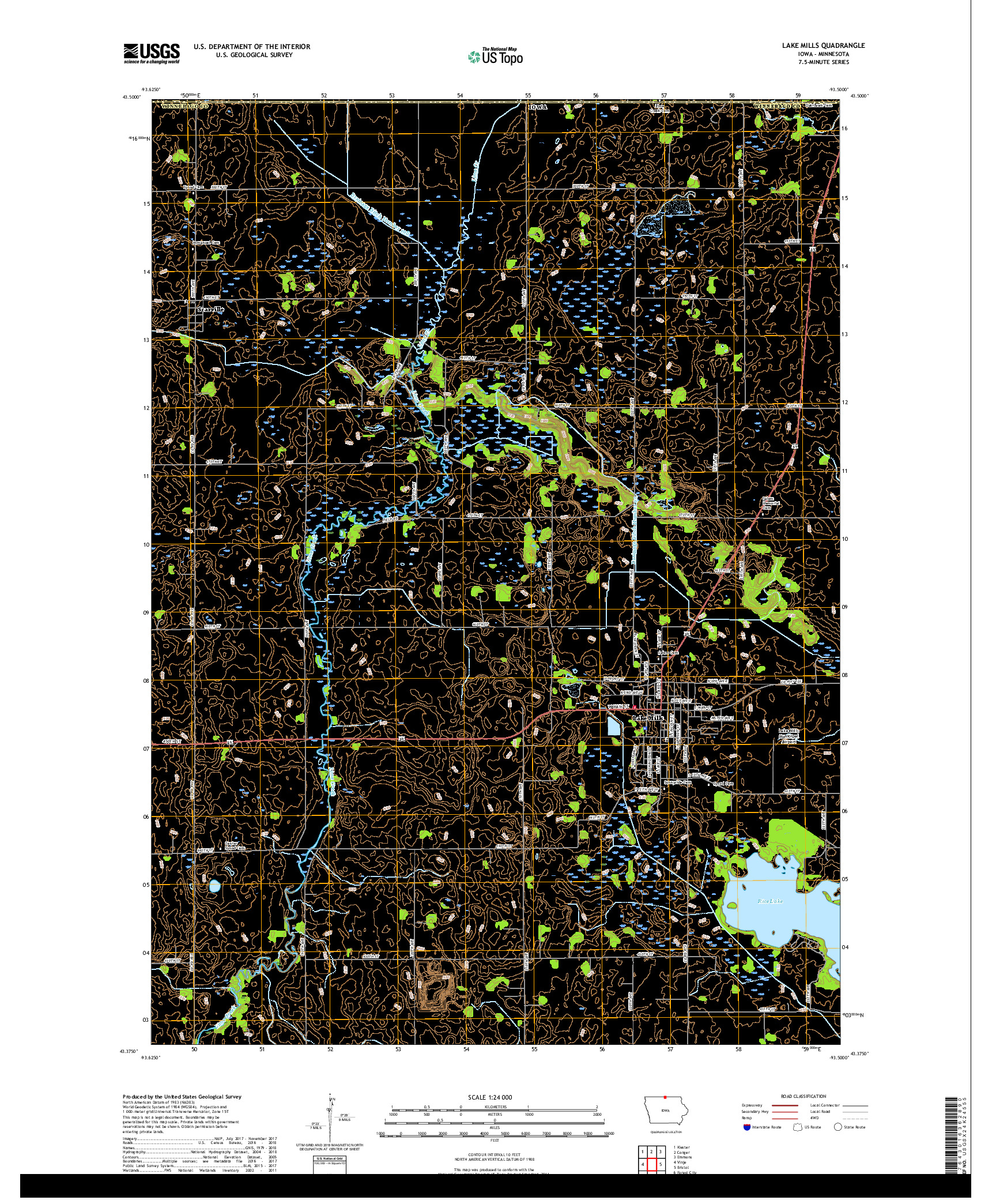 USGS US TOPO 7.5-MINUTE MAP FOR LAKE MILLS, IA,MN 2018