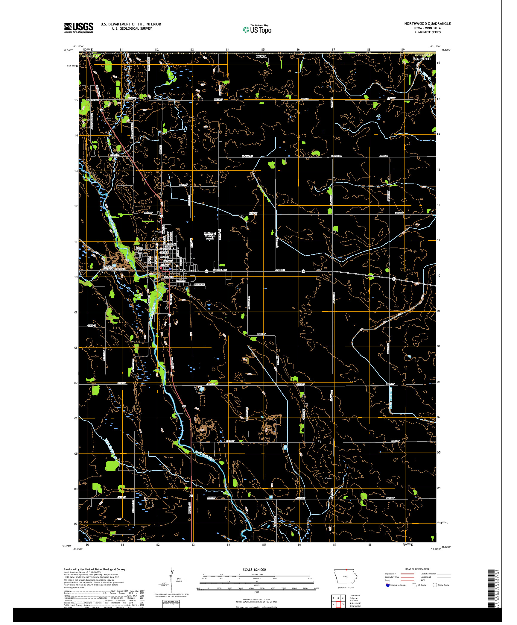 USGS US TOPO 7.5-MINUTE MAP FOR NORTHWOOD, IA,MN 2018