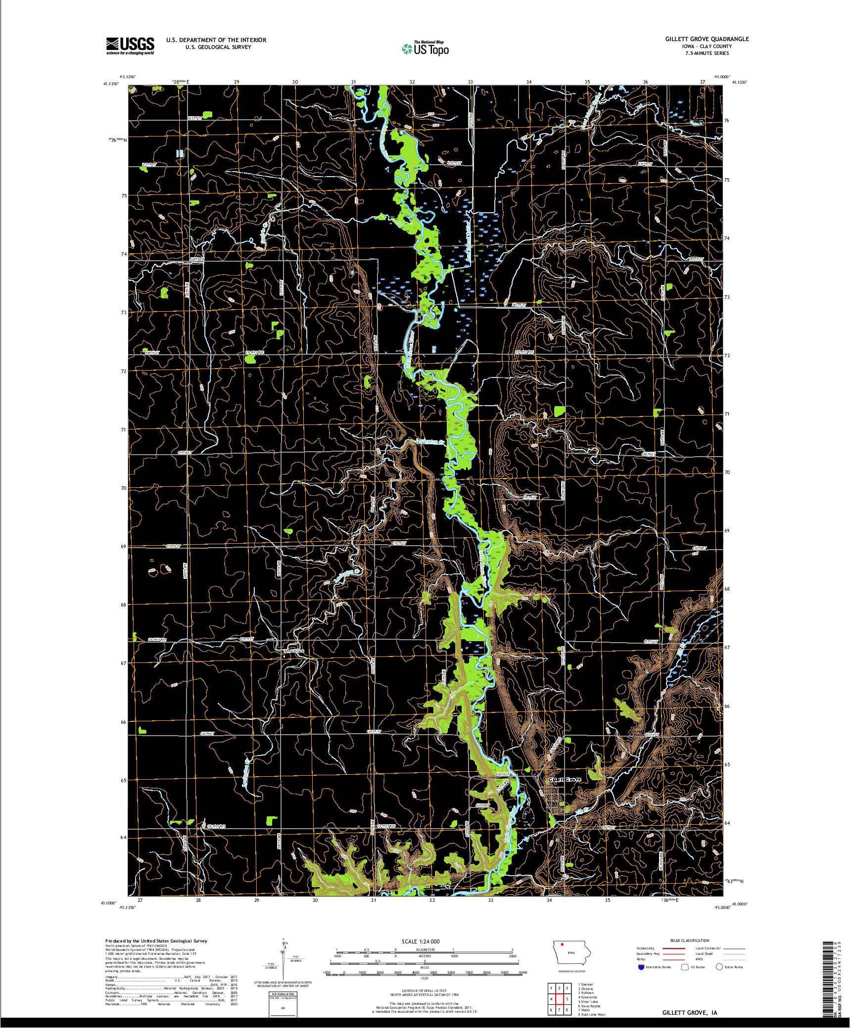 USGS US TOPO 7.5-MINUTE MAP FOR GILLETT GROVE, IA 2018
