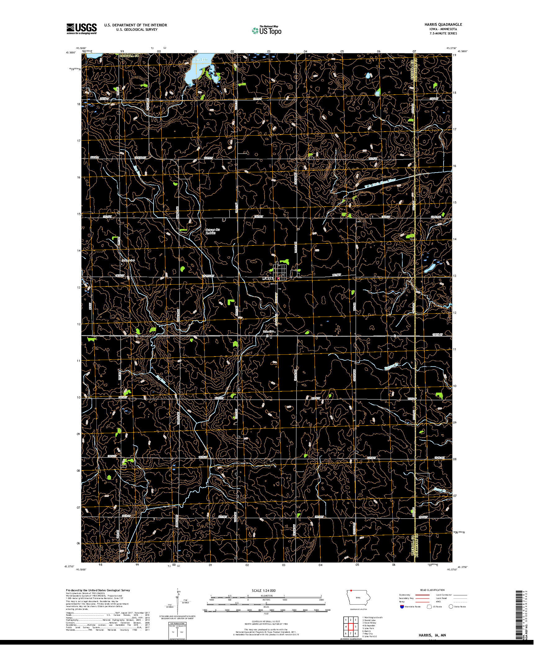 USGS US TOPO 7.5-MINUTE MAP FOR HARRIS, IA,MN 2018