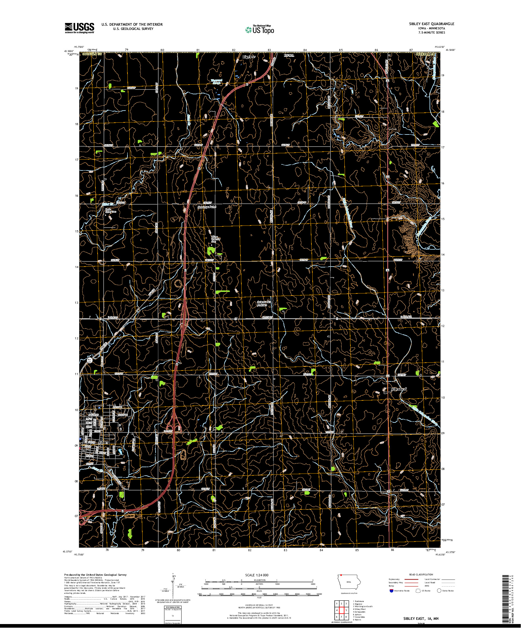 USGS US TOPO 7.5-MINUTE MAP FOR SIBLEY EAST, IA,MN 2018