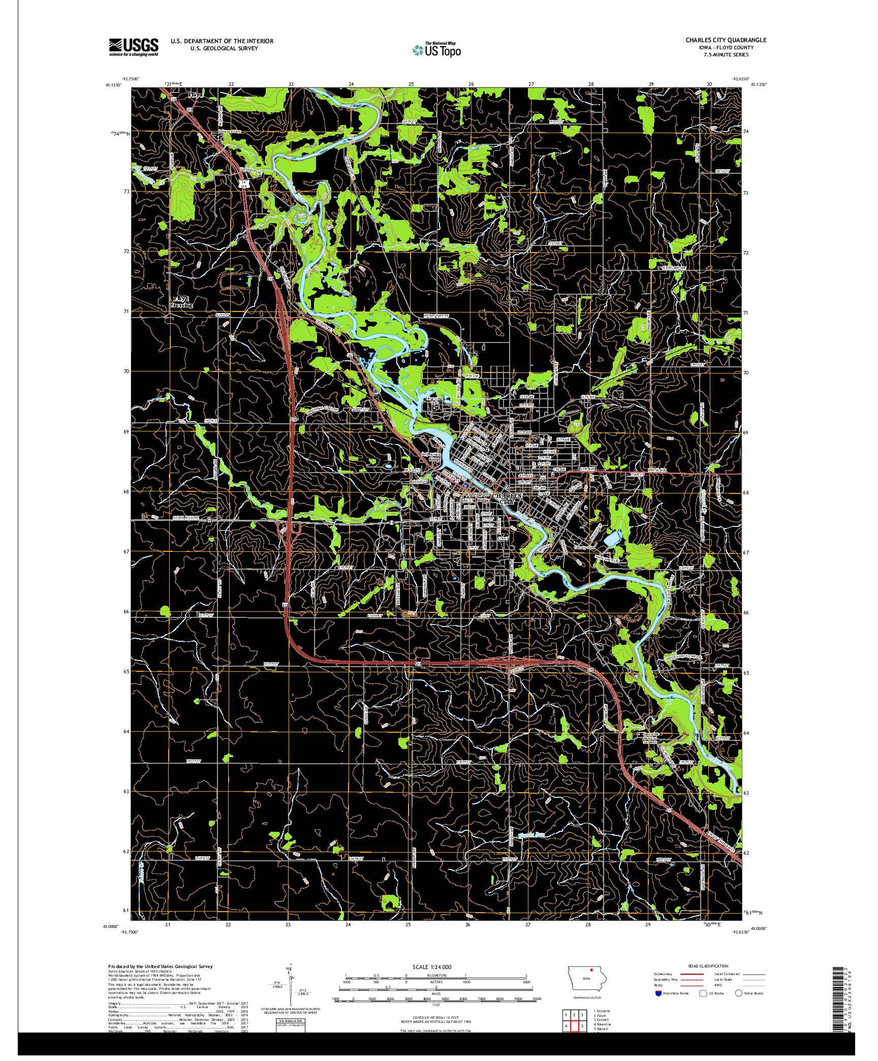 USGS US TOPO 7.5-MINUTE MAP FOR CHARLES CITY, IA 2018