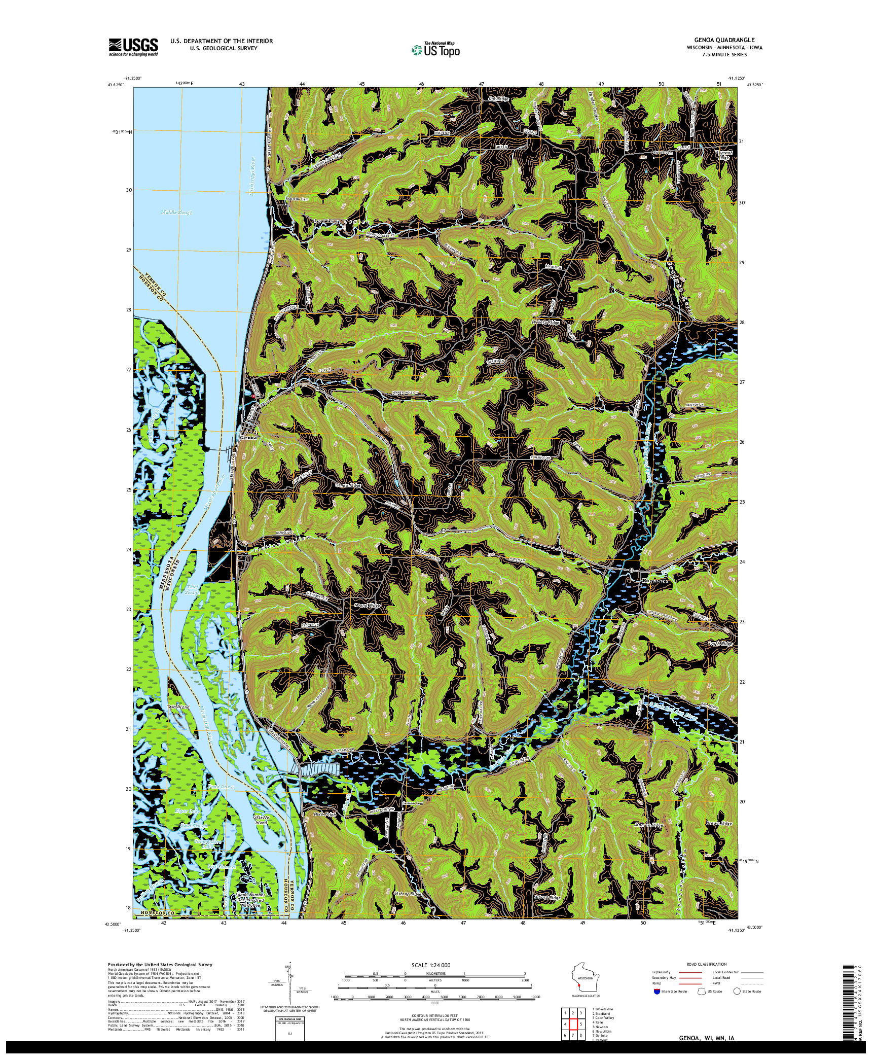 USGS US TOPO 7.5-MINUTE MAP FOR GENOA, WI,MN,IA 2018