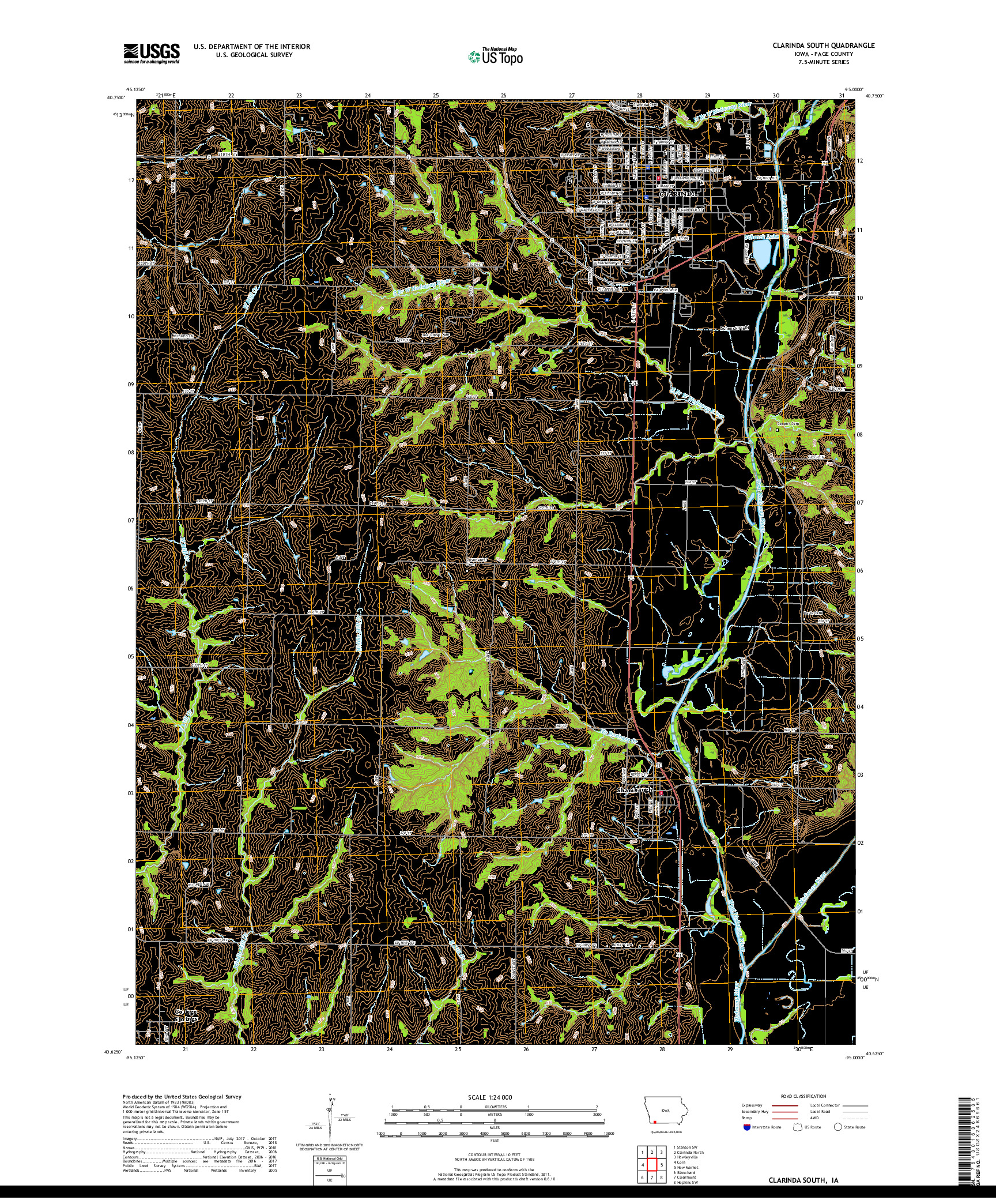USGS US TOPO 7.5-MINUTE MAP FOR CLARINDA SOUTH, IA 2018