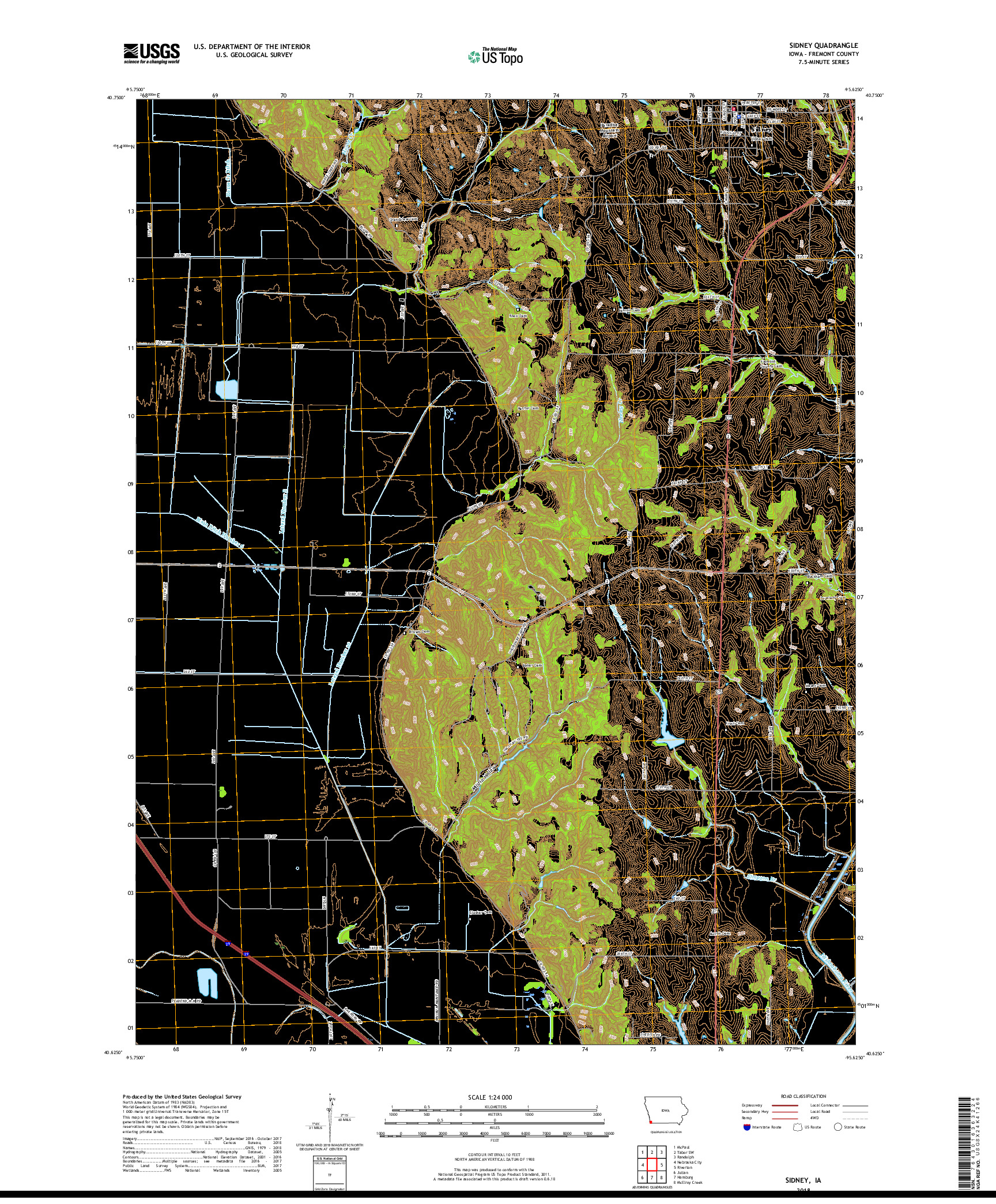 USGS US TOPO 7.5-MINUTE MAP FOR SIDNEY, IA 2018