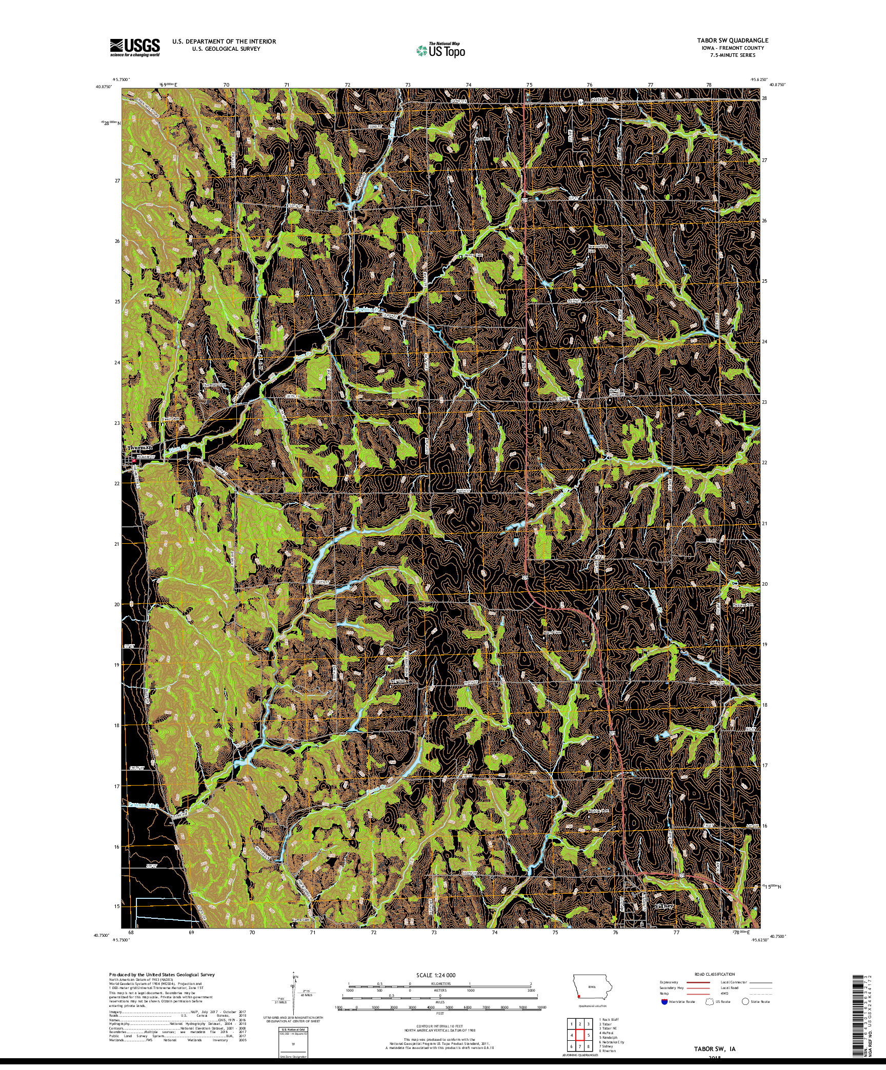 USGS US TOPO 7.5-MINUTE MAP FOR TABOR SW, IA 2018