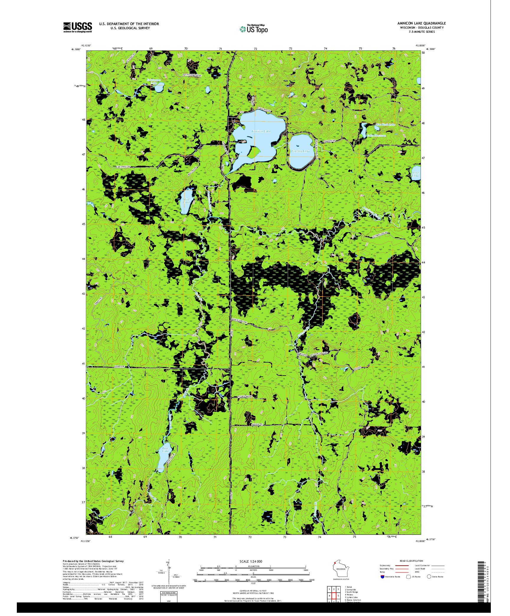 USGS US TOPO 7.5-MINUTE MAP FOR AMNICON LAKE, WI 2018