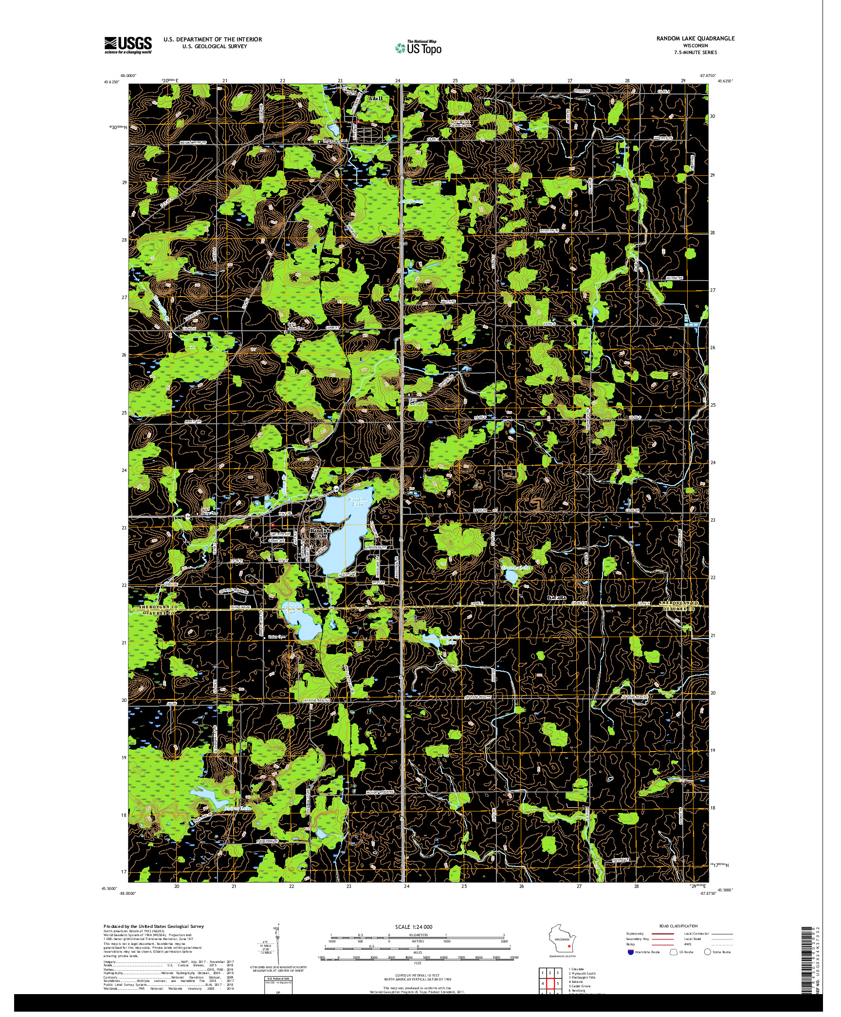 USGS US TOPO 7.5-MINUTE MAP FOR RANDOM LAKE, WI 2018