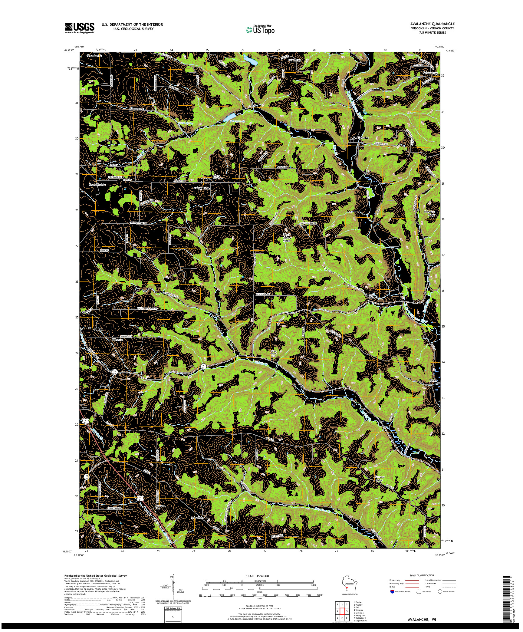 USGS US TOPO 7.5-MINUTE MAP FOR AVALANCHE, WI 2018