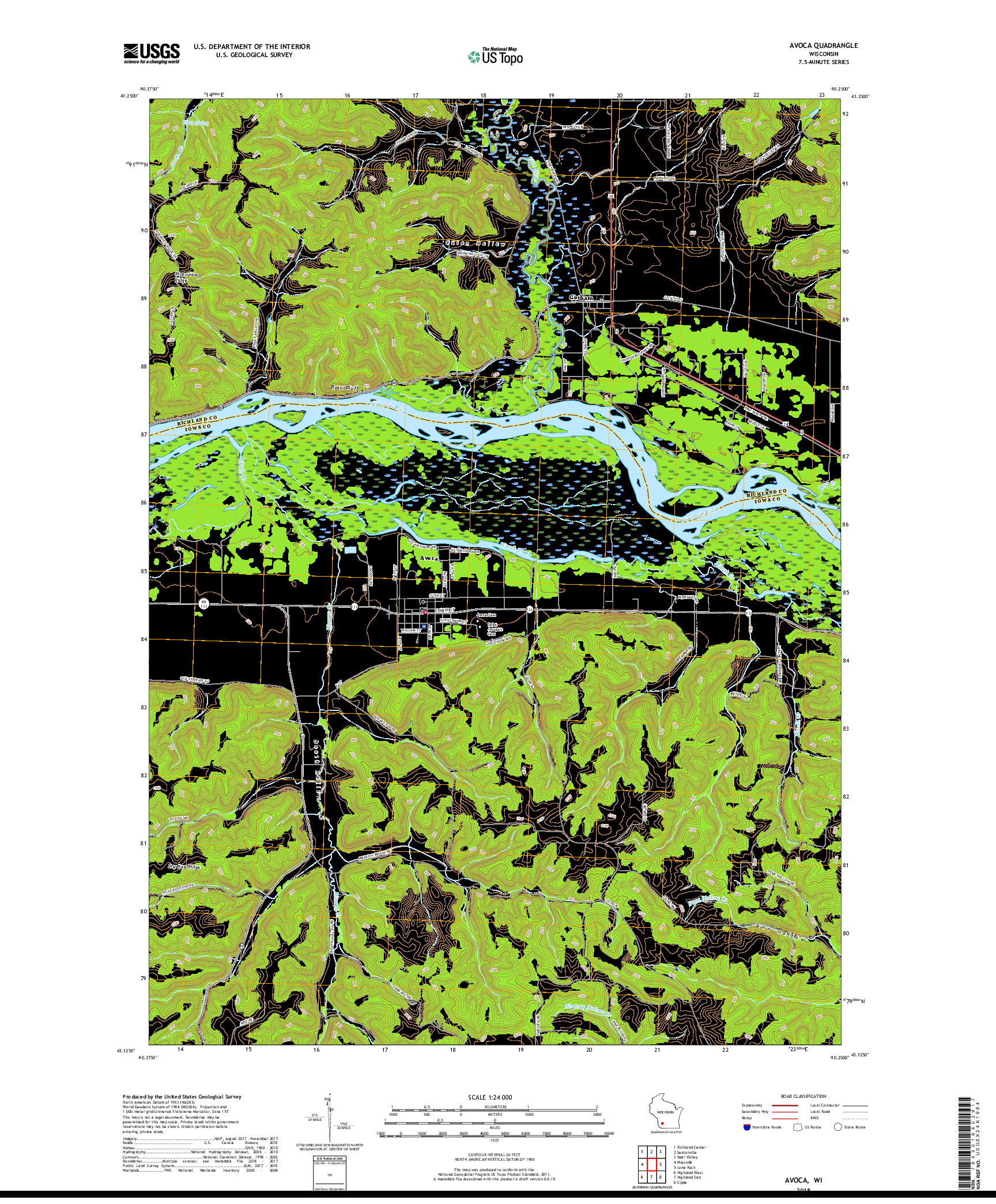 USGS US TOPO 7.5-MINUTE MAP FOR AVOCA, WI 2018