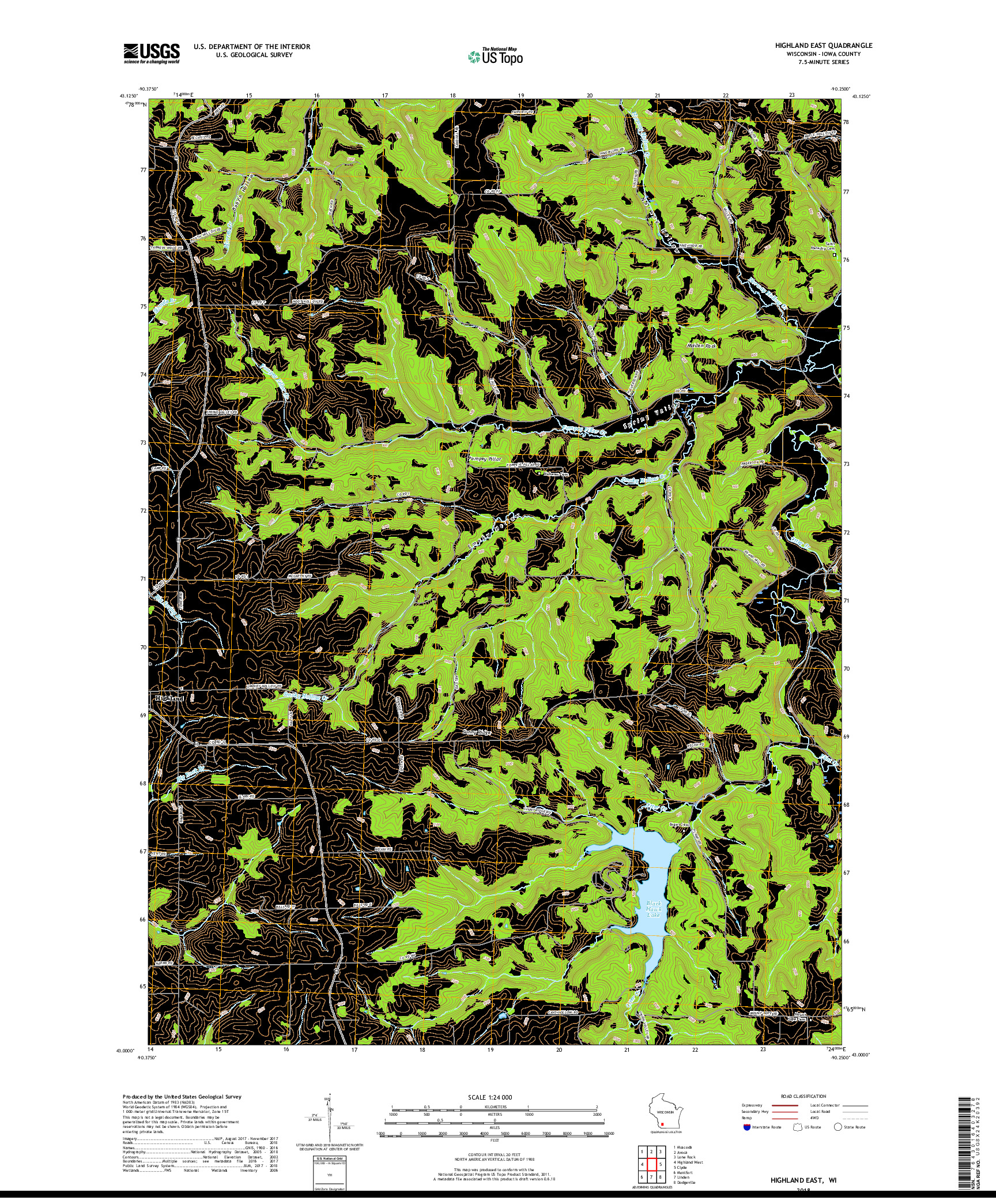 USGS US TOPO 7.5-MINUTE MAP FOR HIGHLAND EAST, WI 2018